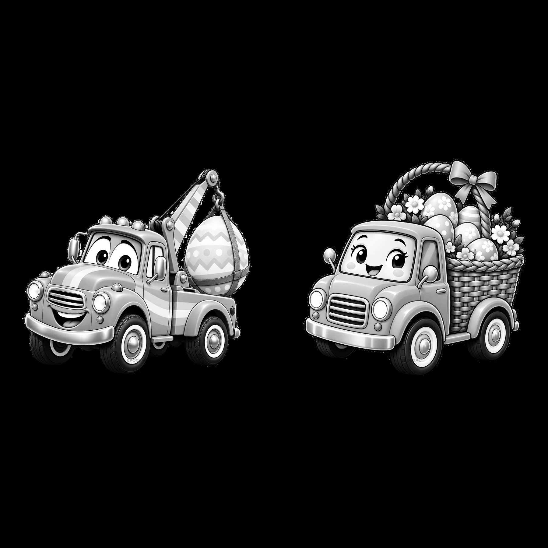 Easter trucks carrying decorated eggs and a flower basket - AI-generated stock image