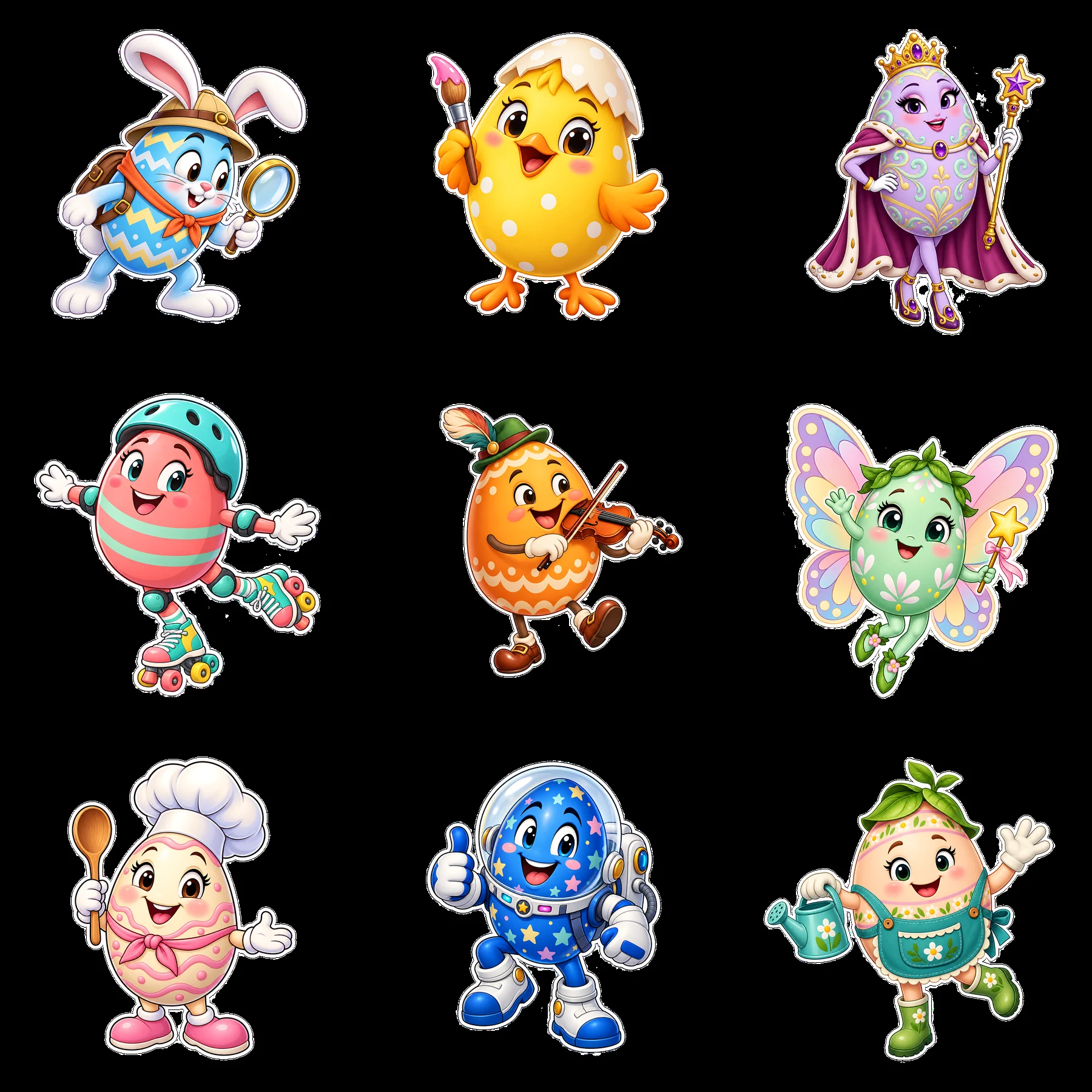 Colorful cartoon characters celebrating Easter in a 3x3 layout - AI-generated stock image