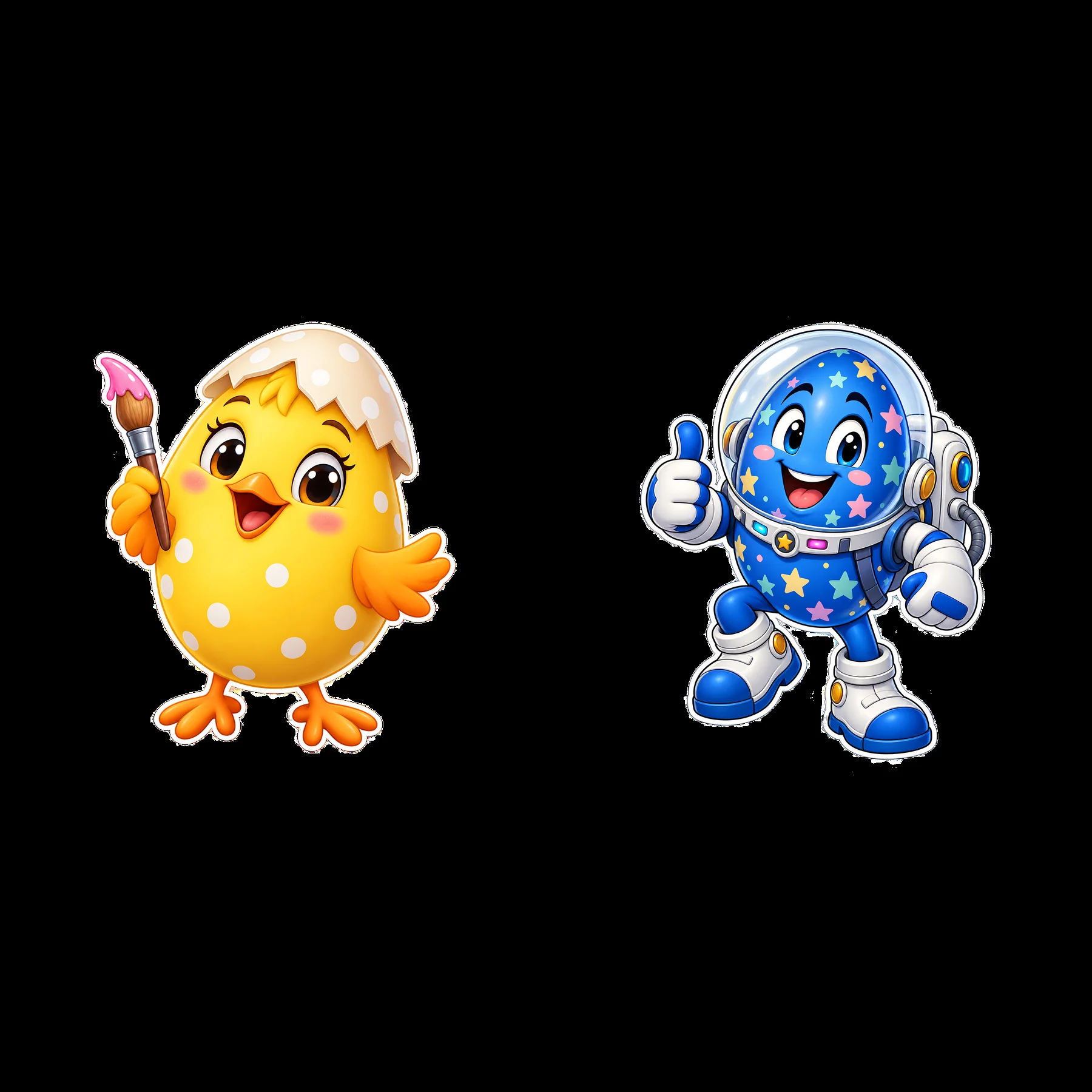 Cartoon chick and astronaut egg celebrating Easter together - AI-generated stock image