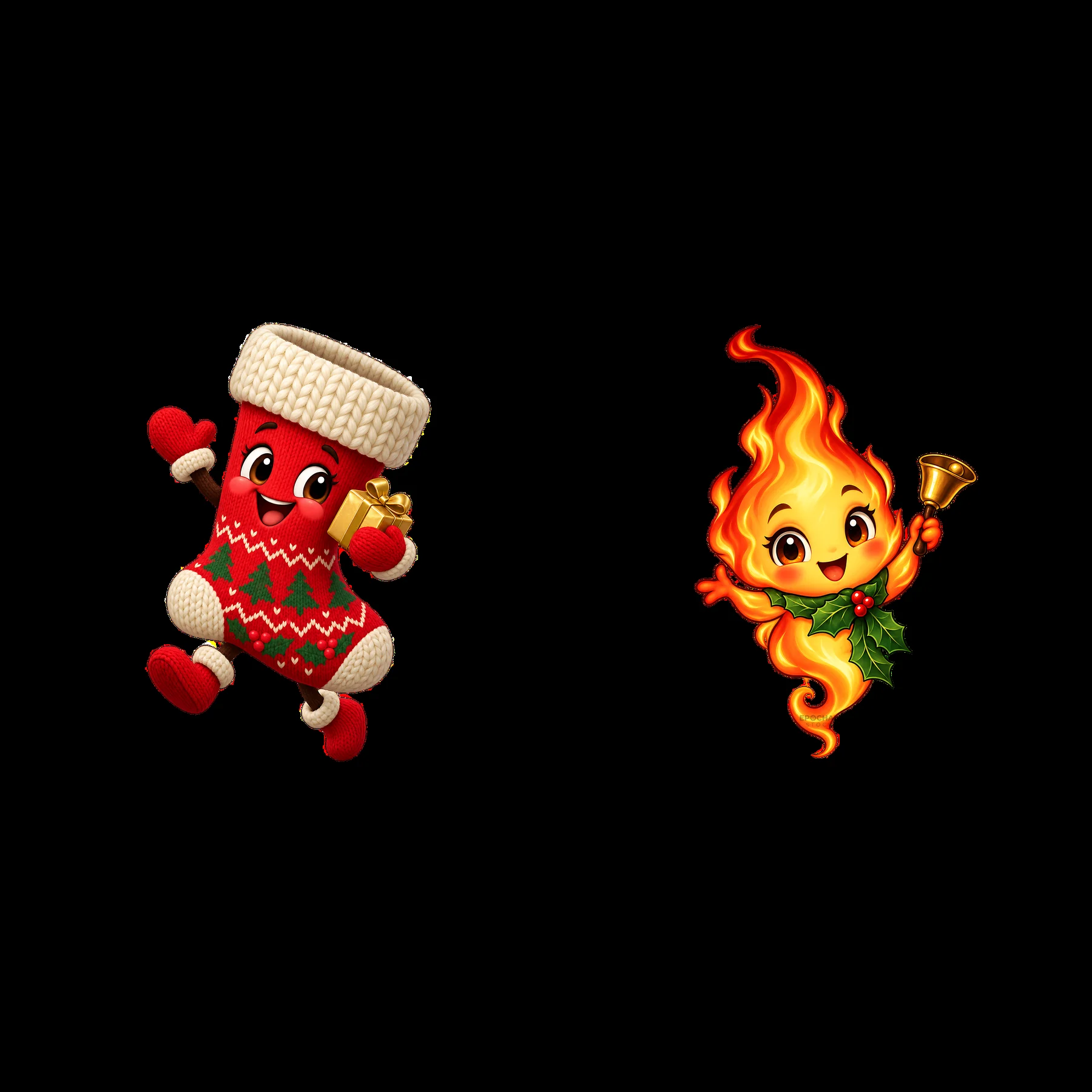 Christmas animated characters with stocking and flame icon - AI-generated stock image