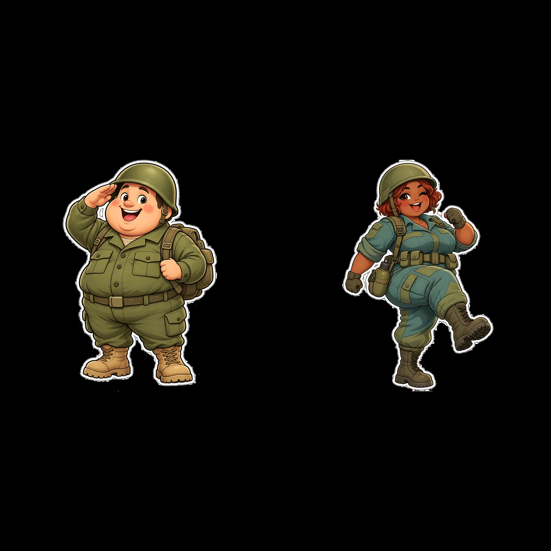 Cute chubby soldier stickers in friendly poses - AI-generated stock image