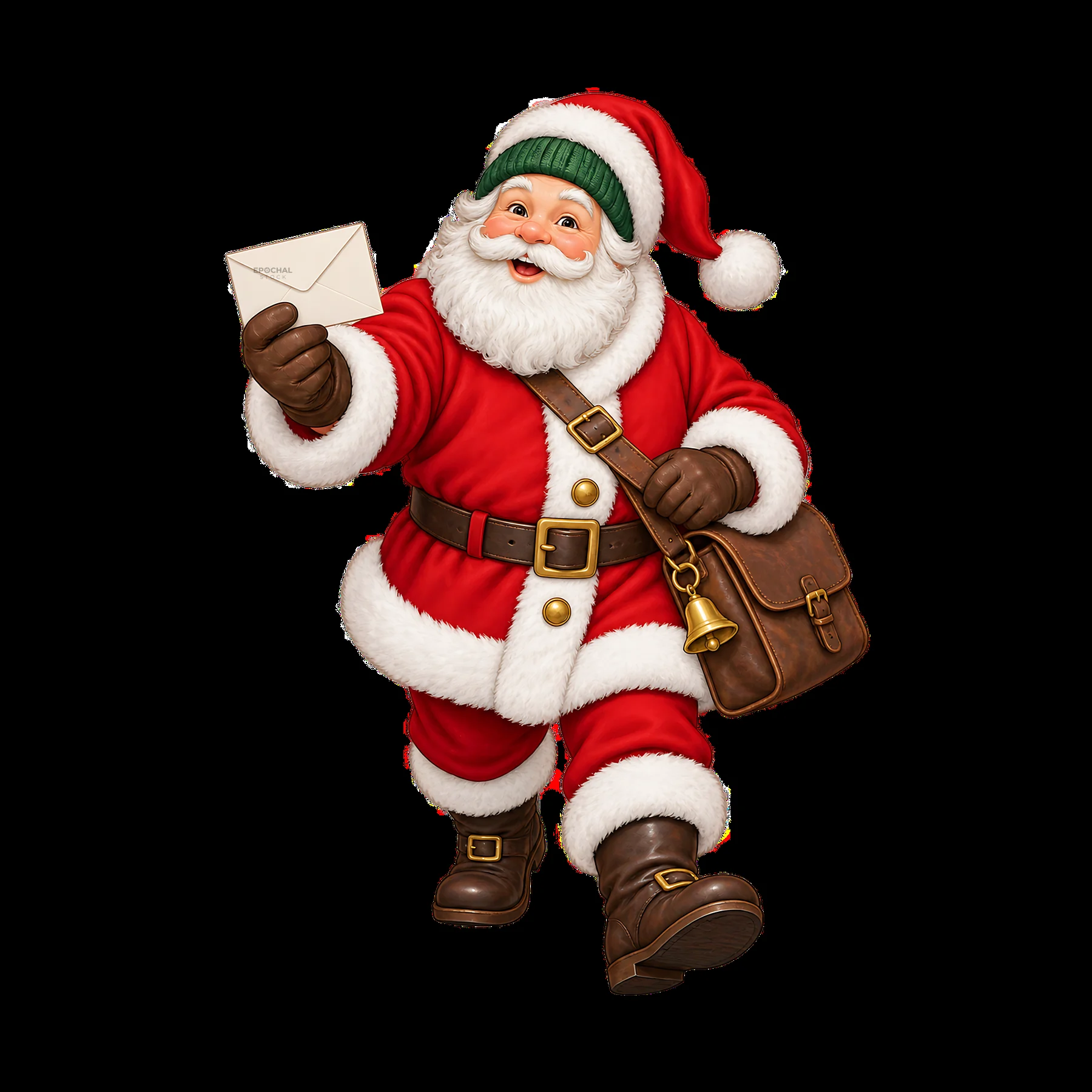Santa Claus holding a letter and carrying a bag in winter - AI-generated stock image