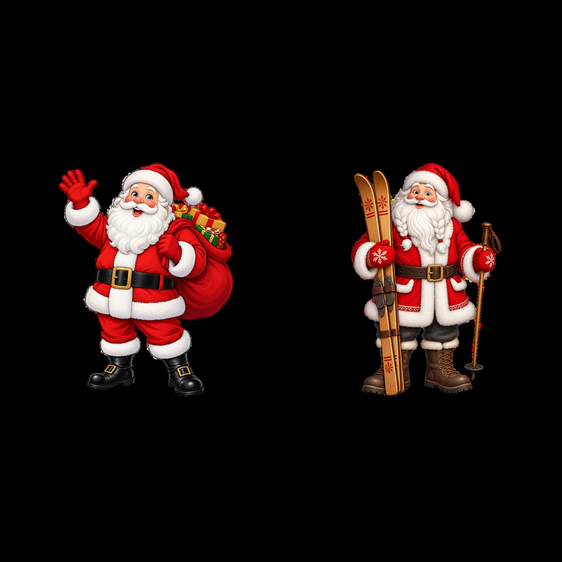 Santa Claus waving with gifts and Santa Claus skiing with equipment - AI-generated stock image