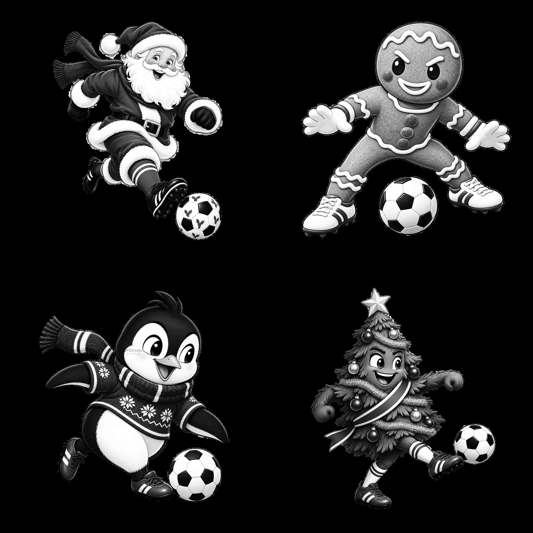 Christmas characters playing soccer with festive designs - AI-generated stock image