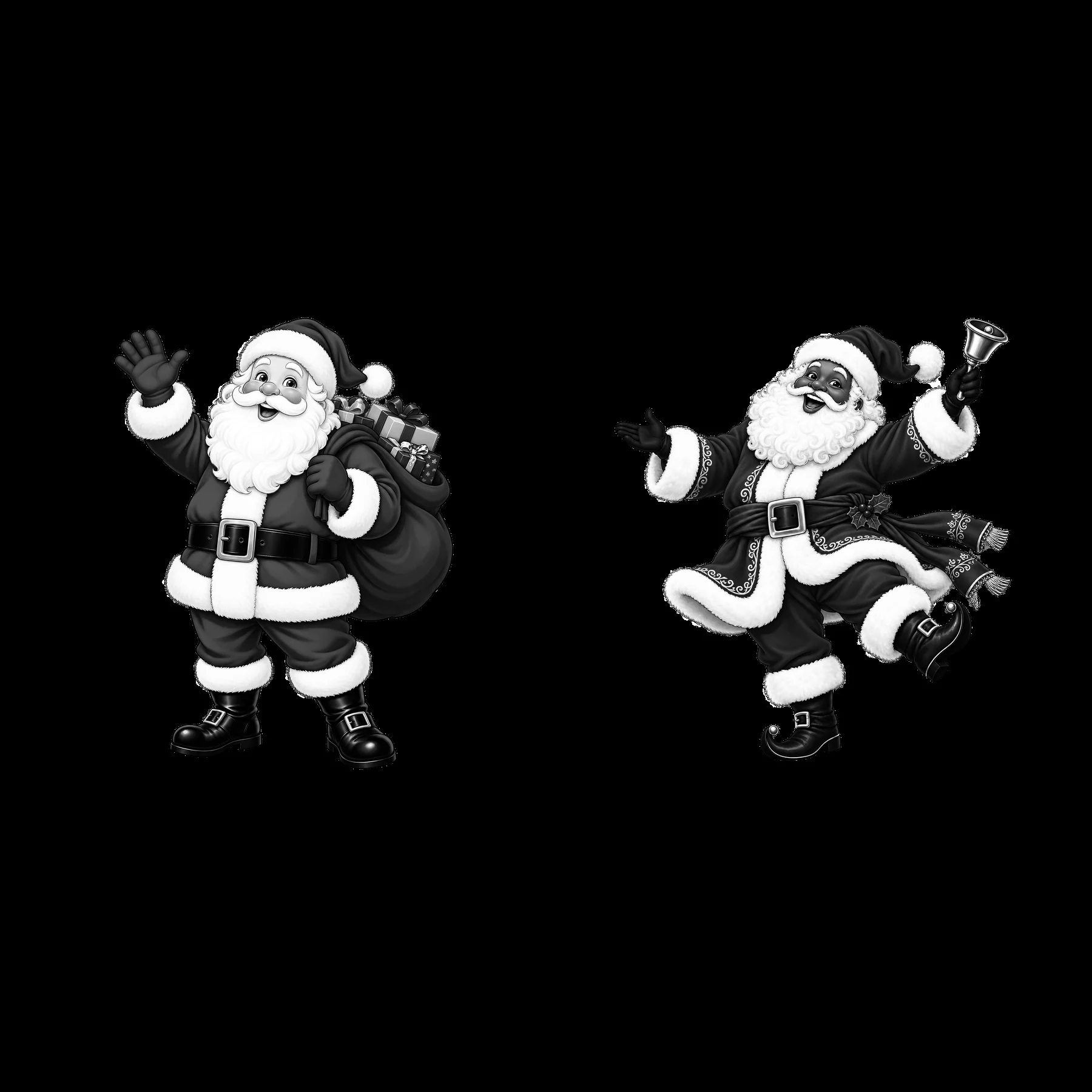 Two Santa Claus figures with gifts and a bell in black and white - AI-generated stock image