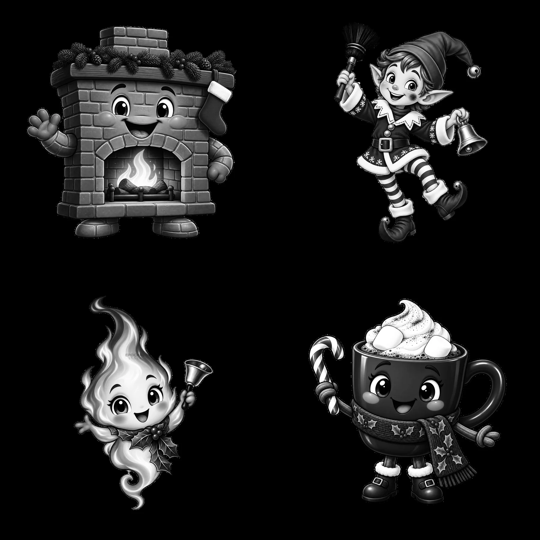 Christmas fireplace with elf, flame, and cocoa characters - AI-generated stock image