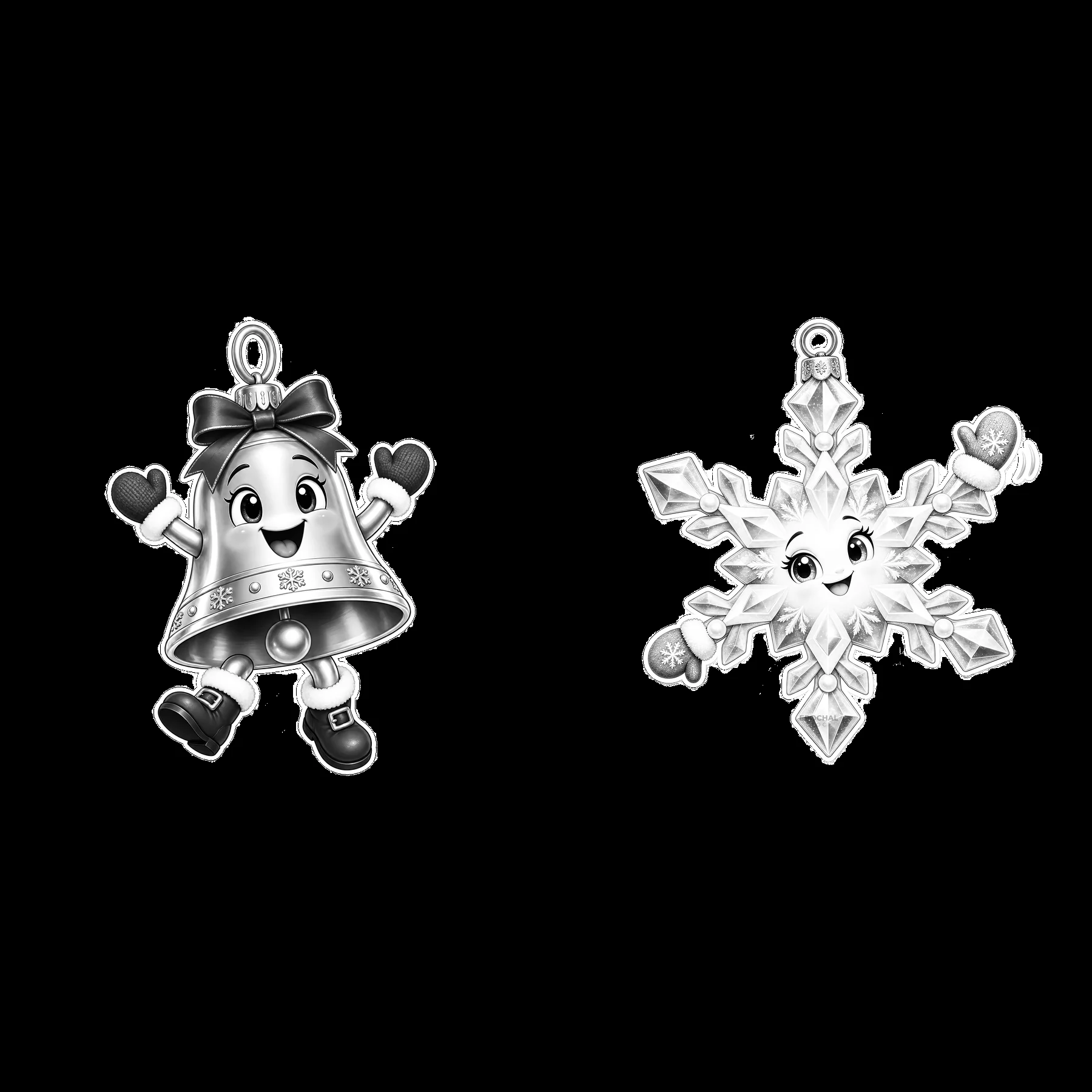 Bell and snowflake cartoon ornaments for Christmas celebration - AI-generated stock image