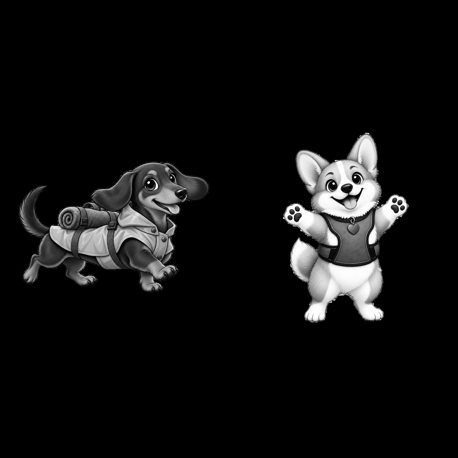 Cute K-9 dogs with backpacks and cheerful expressions - AI-generated stock image