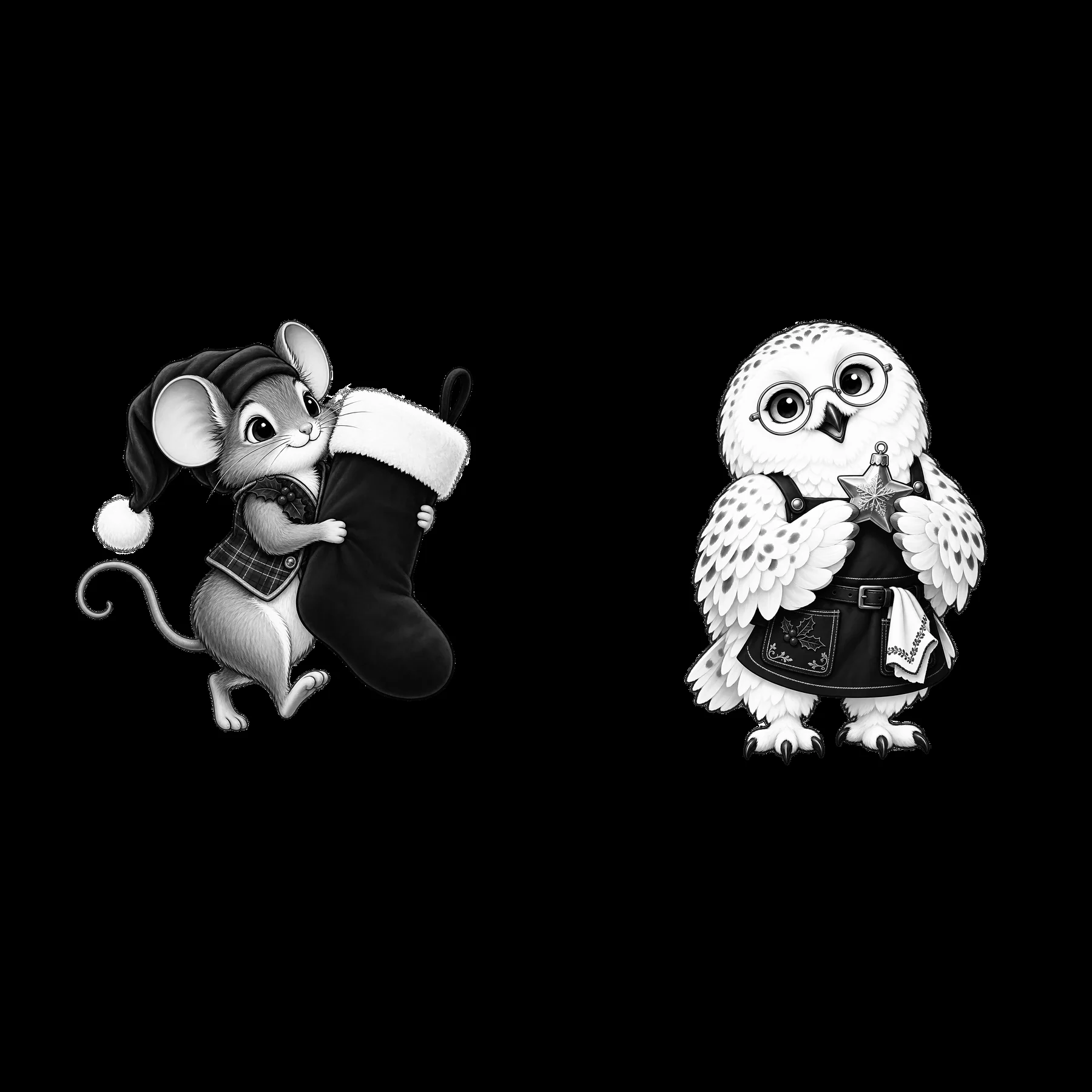 Mouse carrying a Christmas stocking and owl holding a star - AI-generated stock image