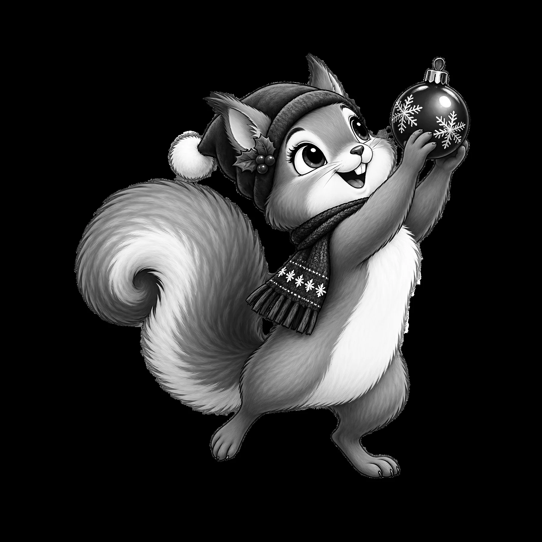 Squirrel holding Christmas ornament in winter scarf and hat - AI-generated stock image