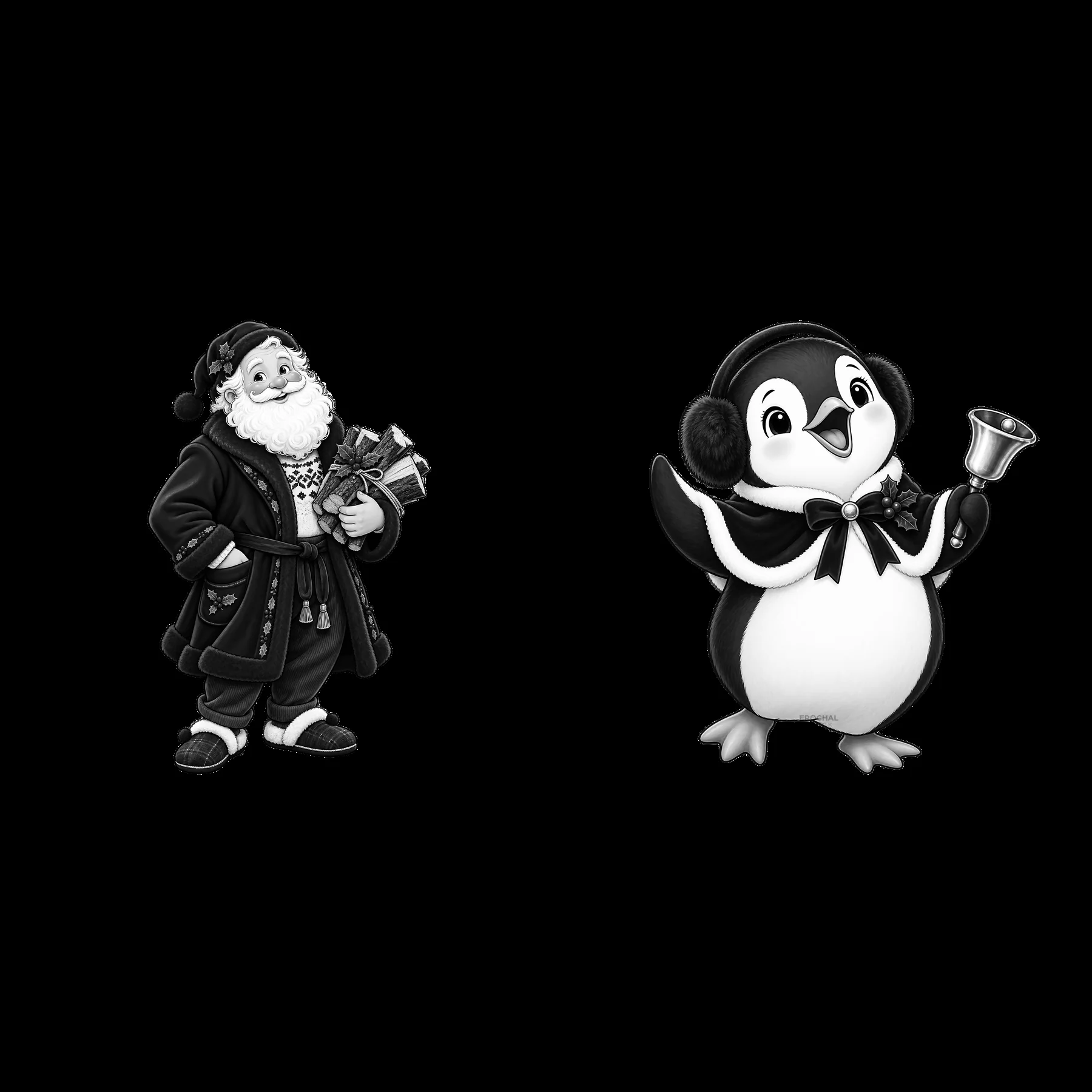 Santa and penguin celebrating Christmas in black and white - AI-generated stock image