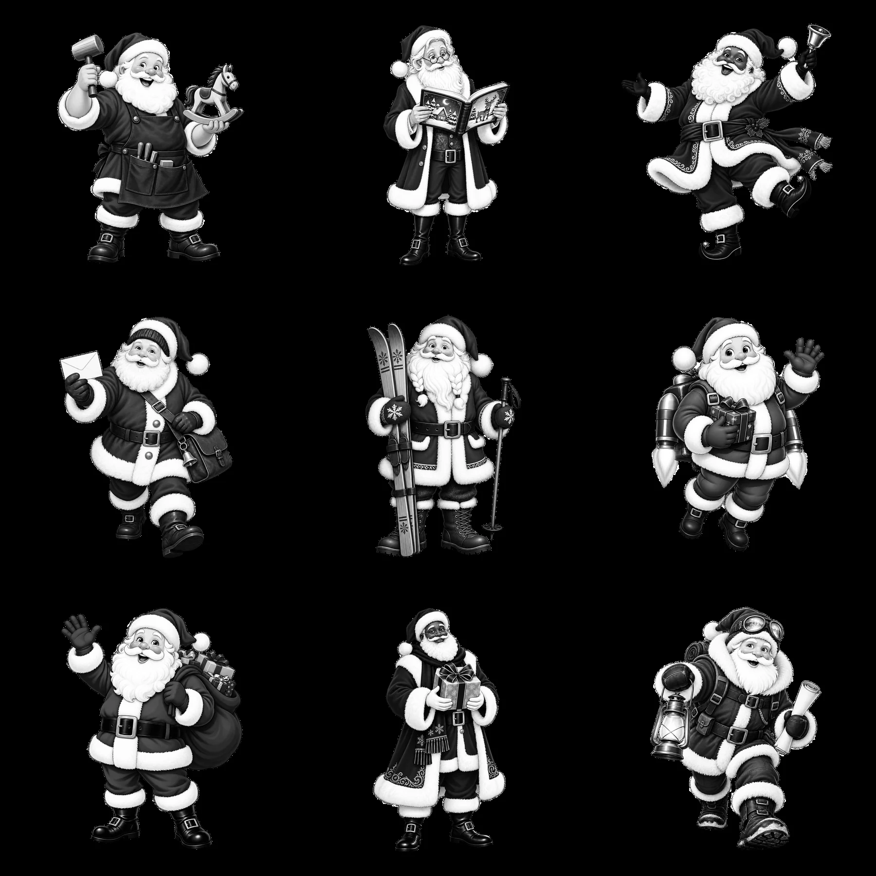 Santa Claus in various activities and poses in monochrome - AI-generated stock image