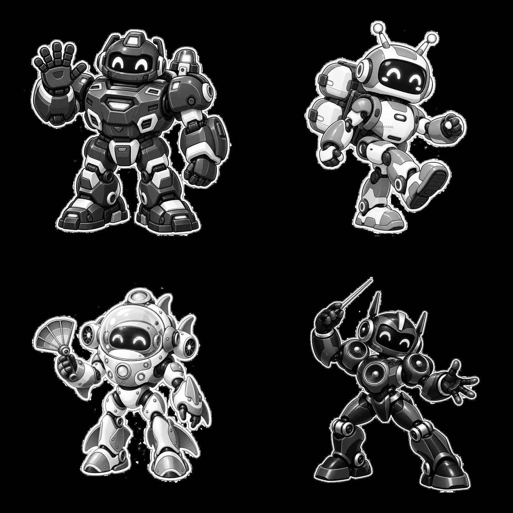Four cartoon mech robots in action poses, monochrome style - AI-generated stock image