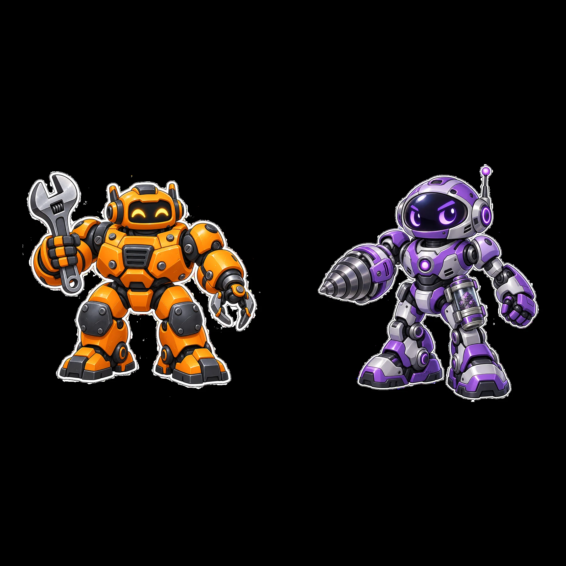 Two cartoon mech robots with tools in a playful pose - AI-generated stock image