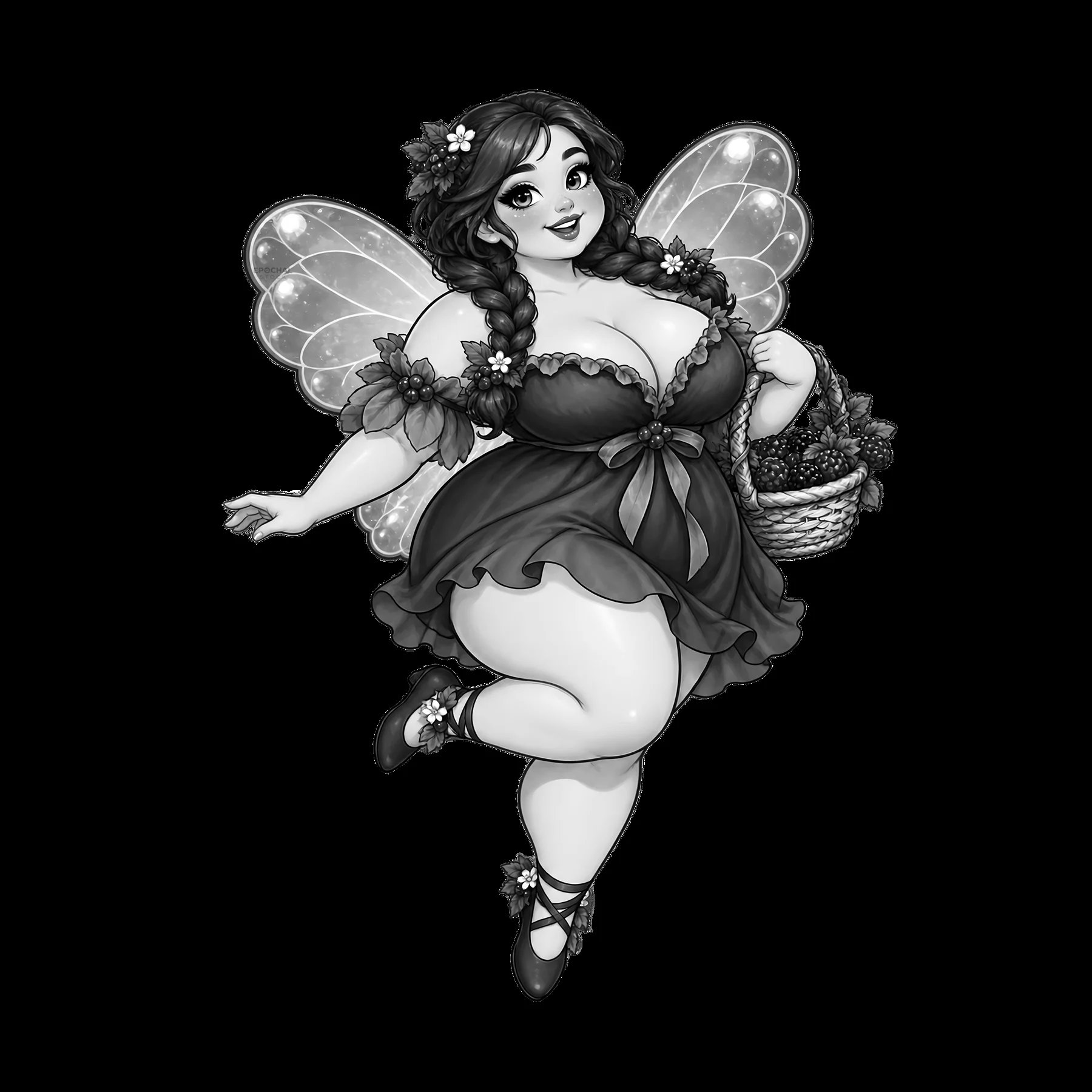 Kawaii ultra-fat fairy with flower basket in monochrome design - AI-generated stock image