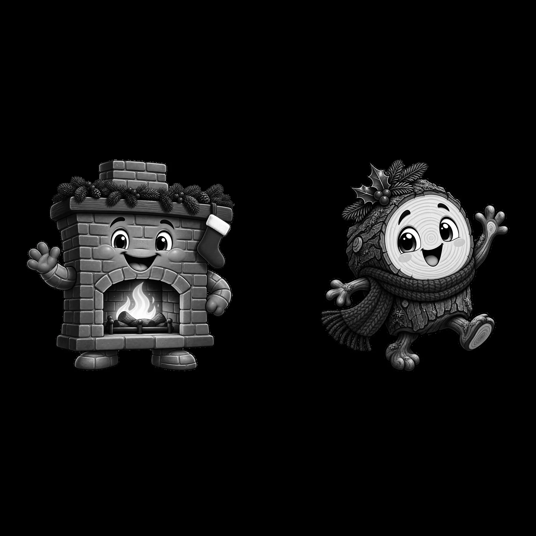 Cartoon fireplace and cheerful character with Christmas wreath - AI-generated stock image