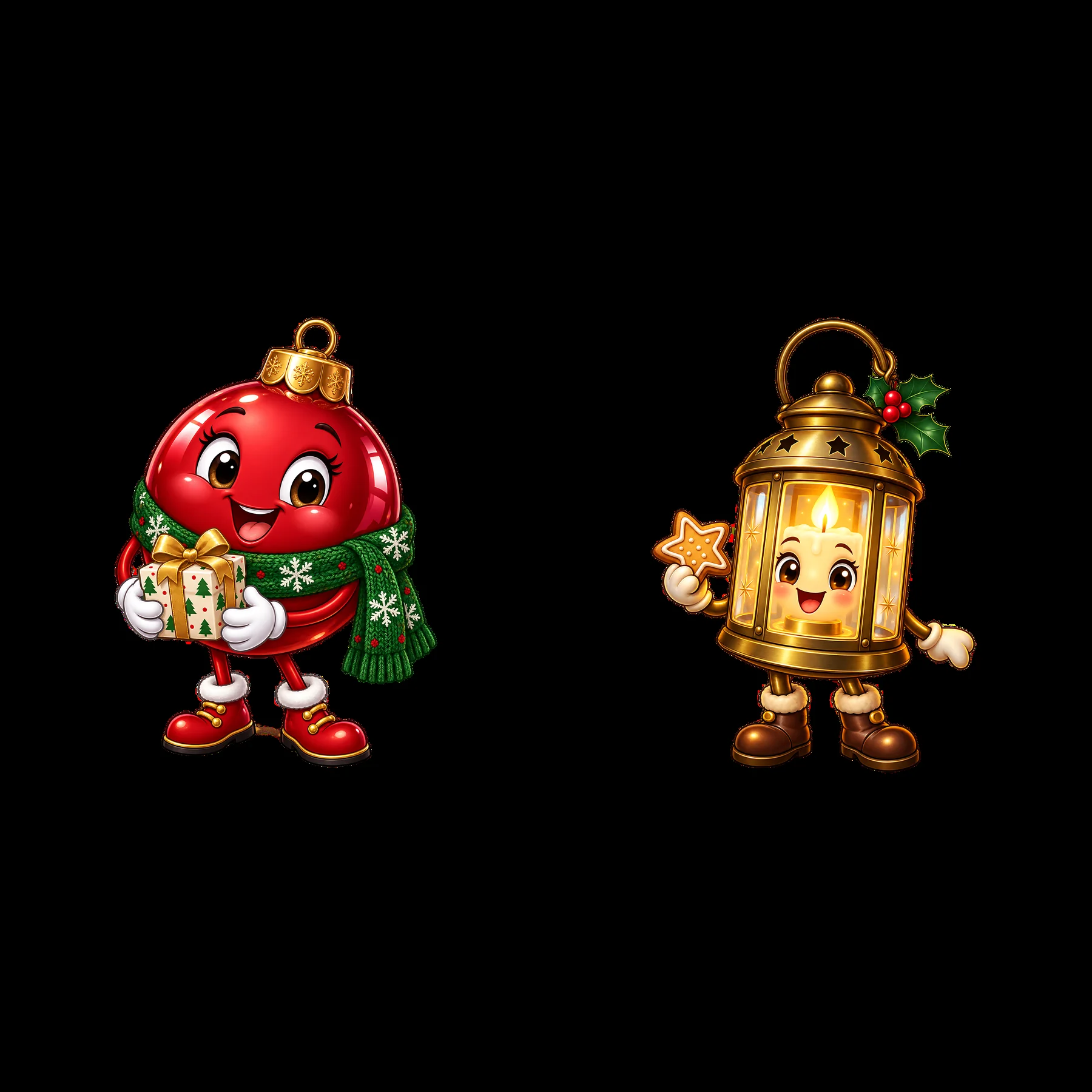Cartoon ornament and lantern character stickers for Christmas - AI-generated stock image