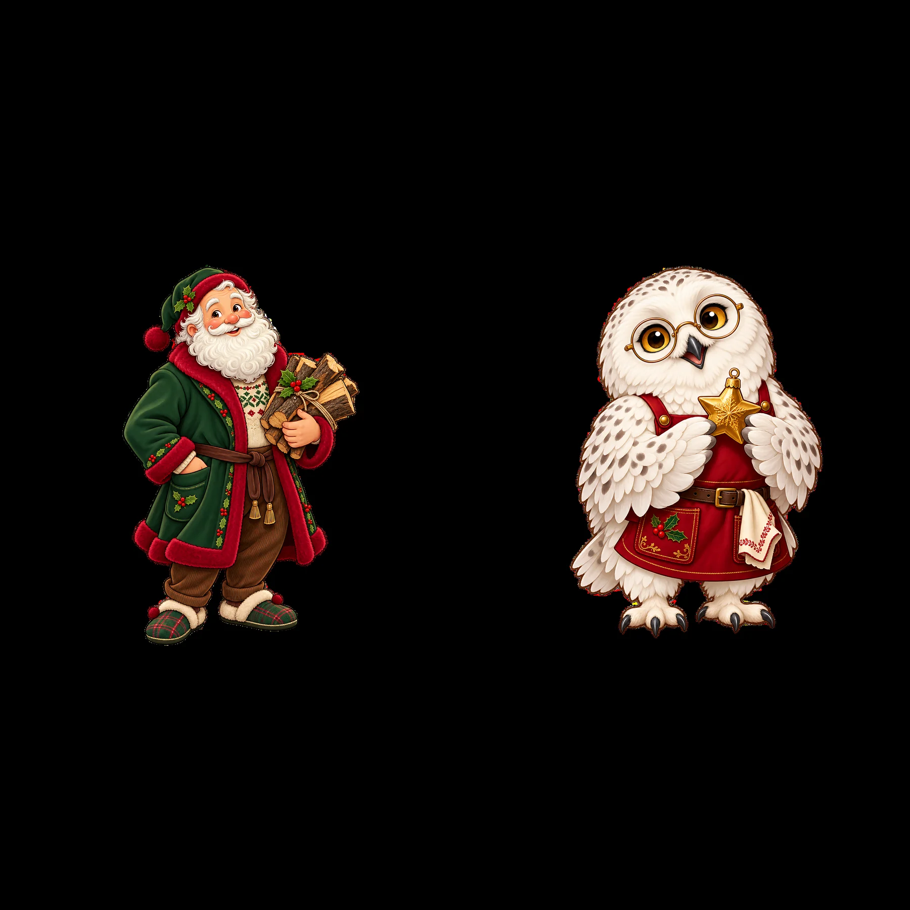 Santa Claus with gifts and an owl with a star - AI-generated stock image