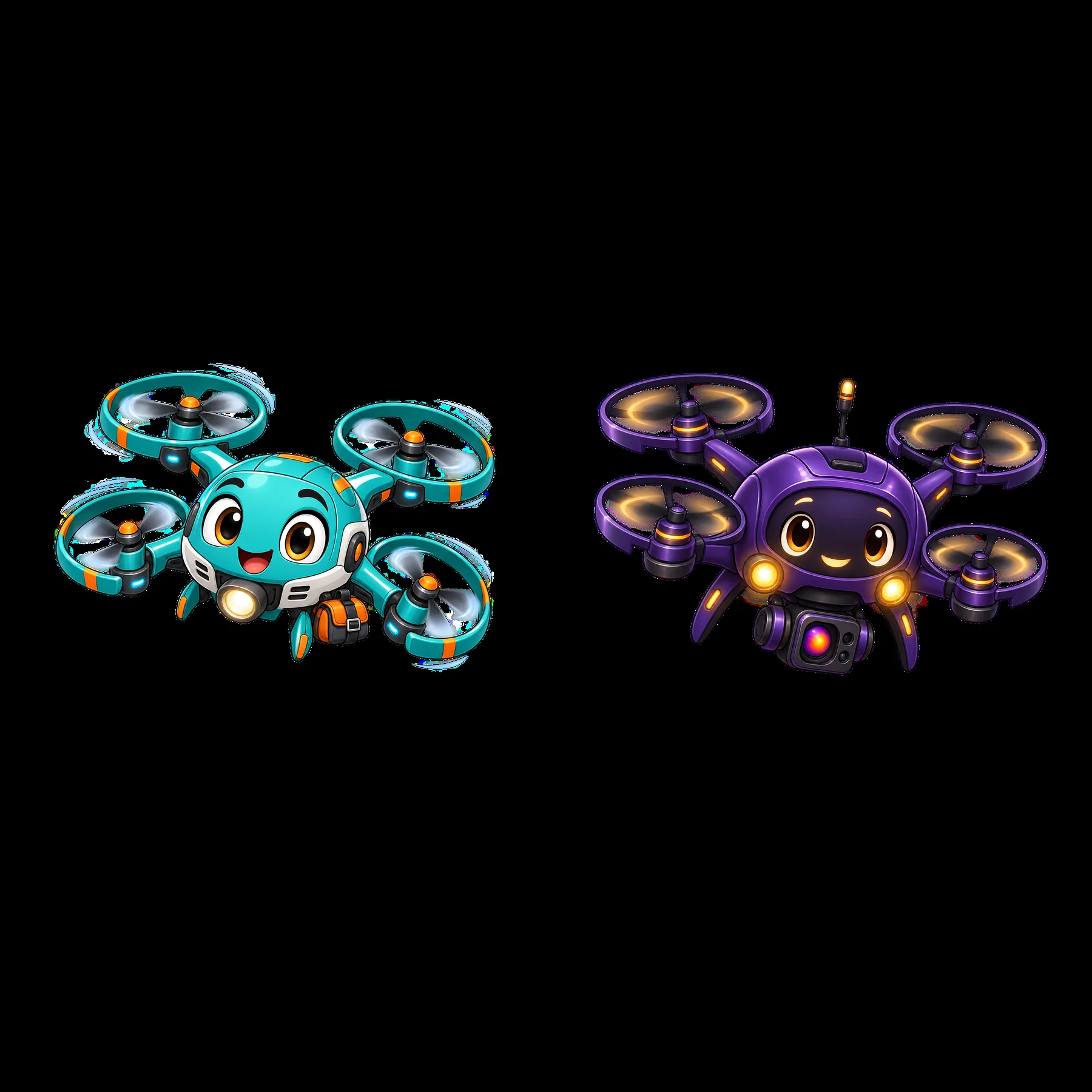 Cartoon drones with friendly faces in playful colors - AI-generated stock image