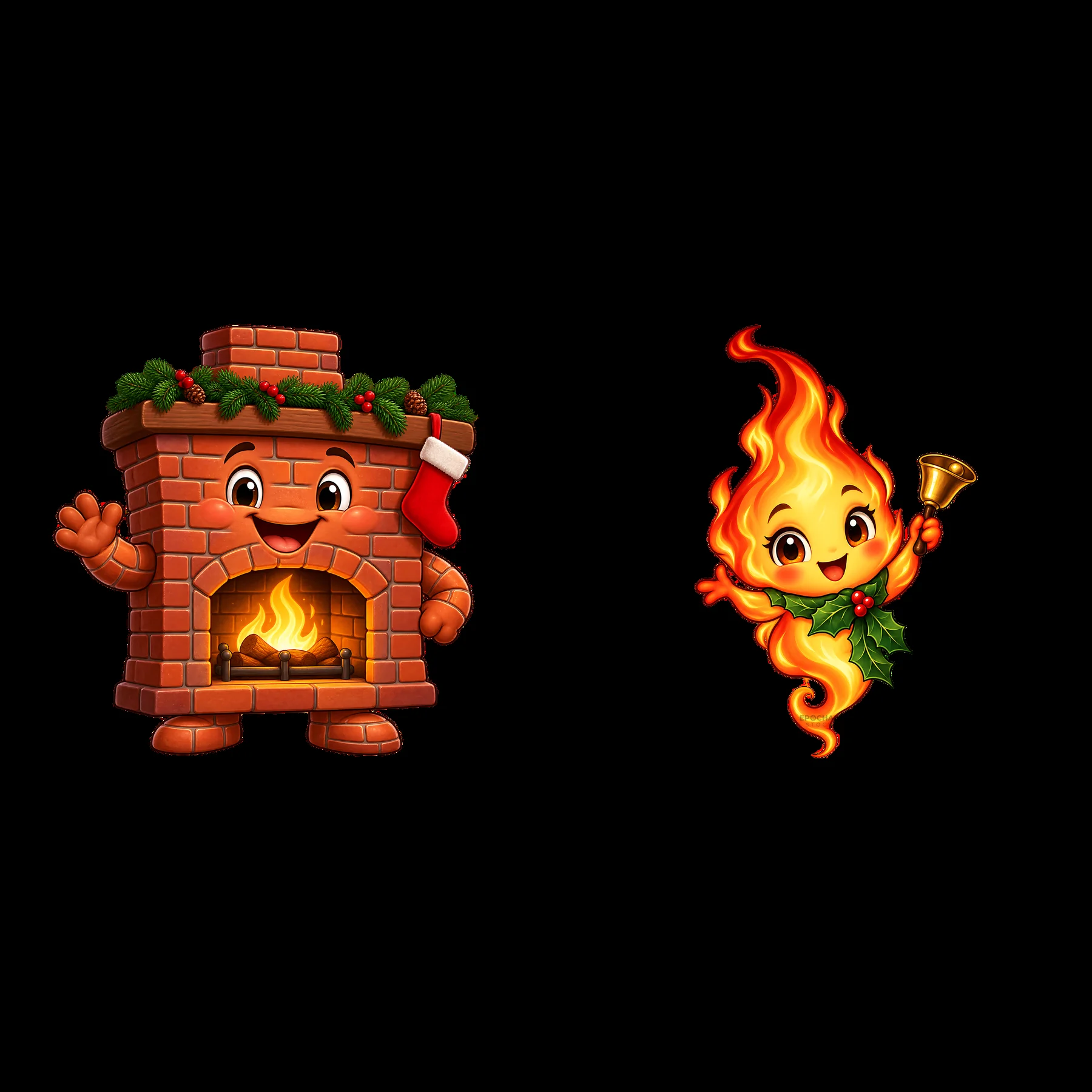 Happy fireplace and cheerful flame character for Christmas - AI-generated stock image