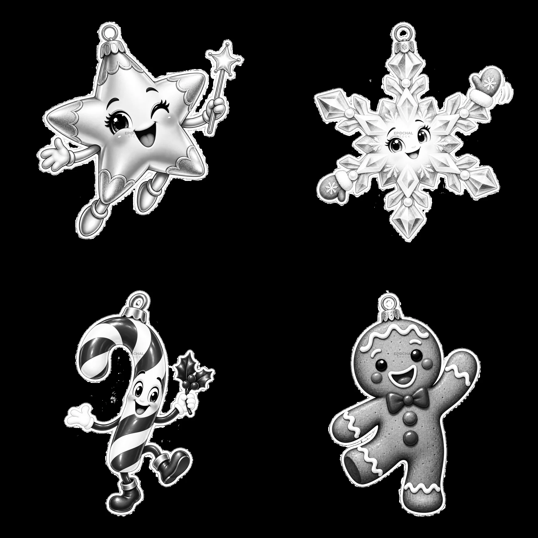 Cartoon Christmas ornaments: star, snowflake, candy cane, gingerbread - AI-generated stock image