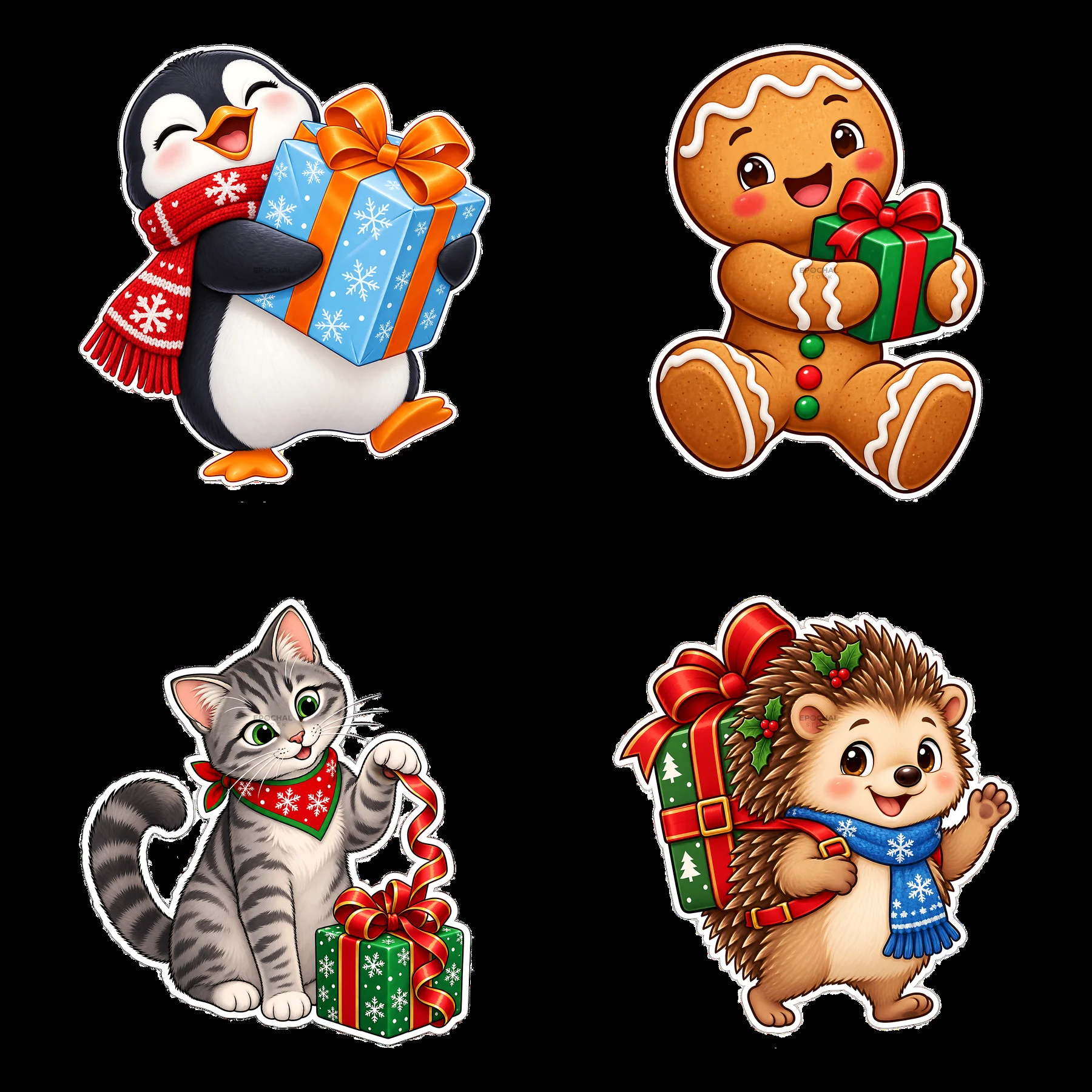 Cartoon characters with Christmas gifts in a playful arrangement - AI-generated stock image