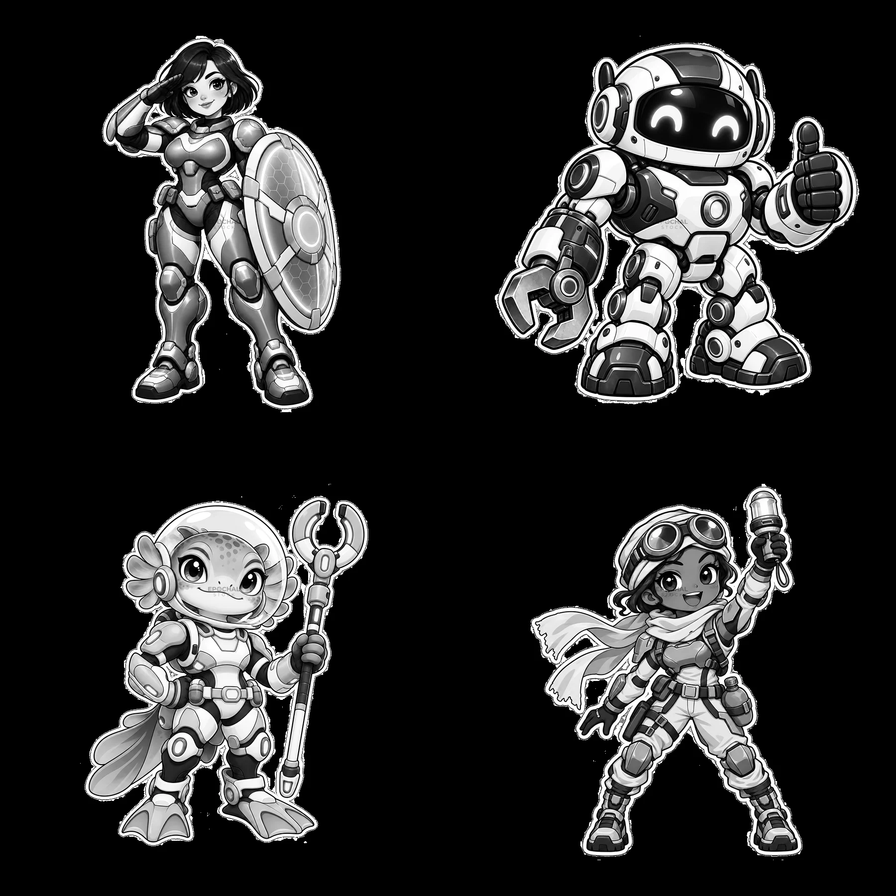 Kawaii futuristic super-soldiers in monochrome illustration - AI-generated stock image