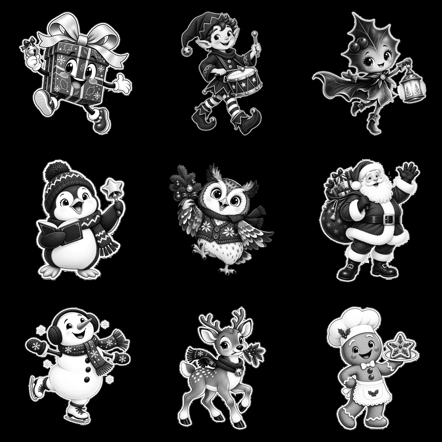 Christmas cartoon characters in a 3x3 grid layout - AI-generated stock image