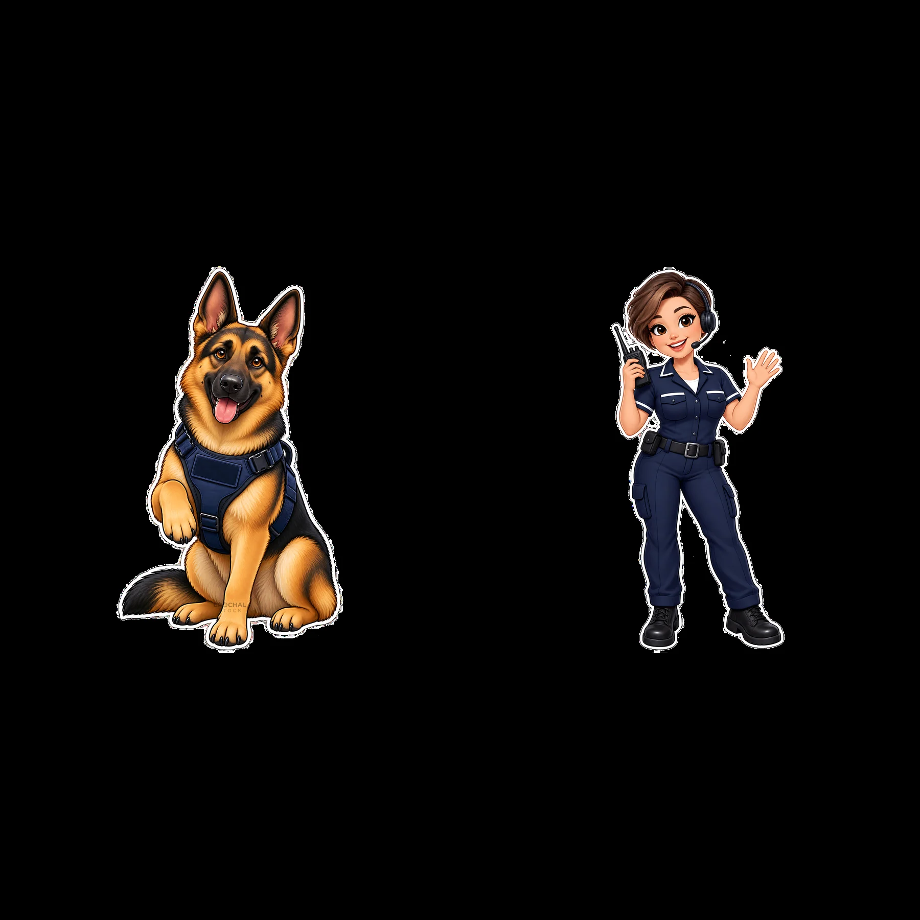 Cartoon police dog and female officer in action pose - AI-generated stock image