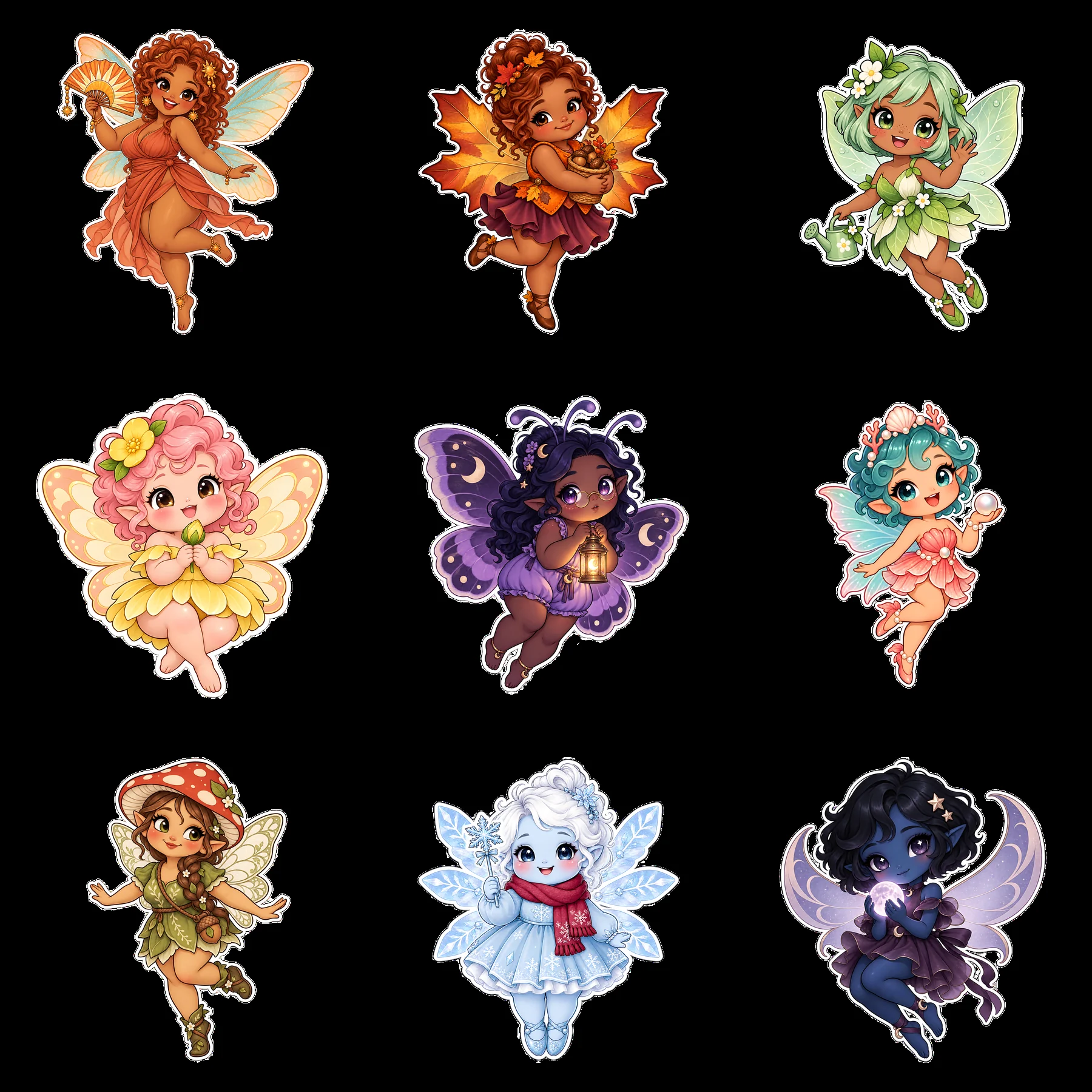Kawaii chubby fairies in a 3x3 grid with colorful wings - AI-generated stock image