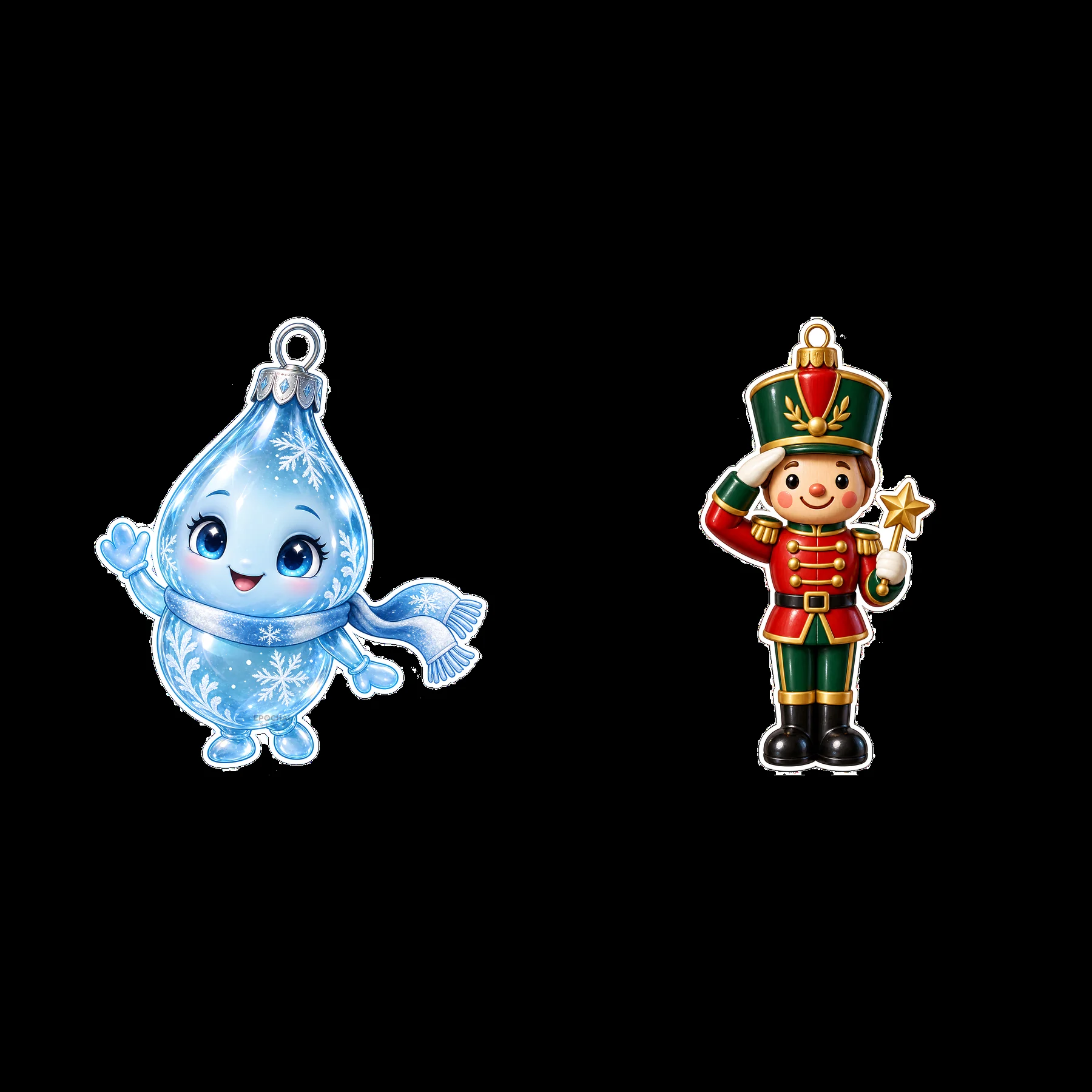 Christmas ornament stickers featuring a snowman and a nutcracker - AI-generated stock image