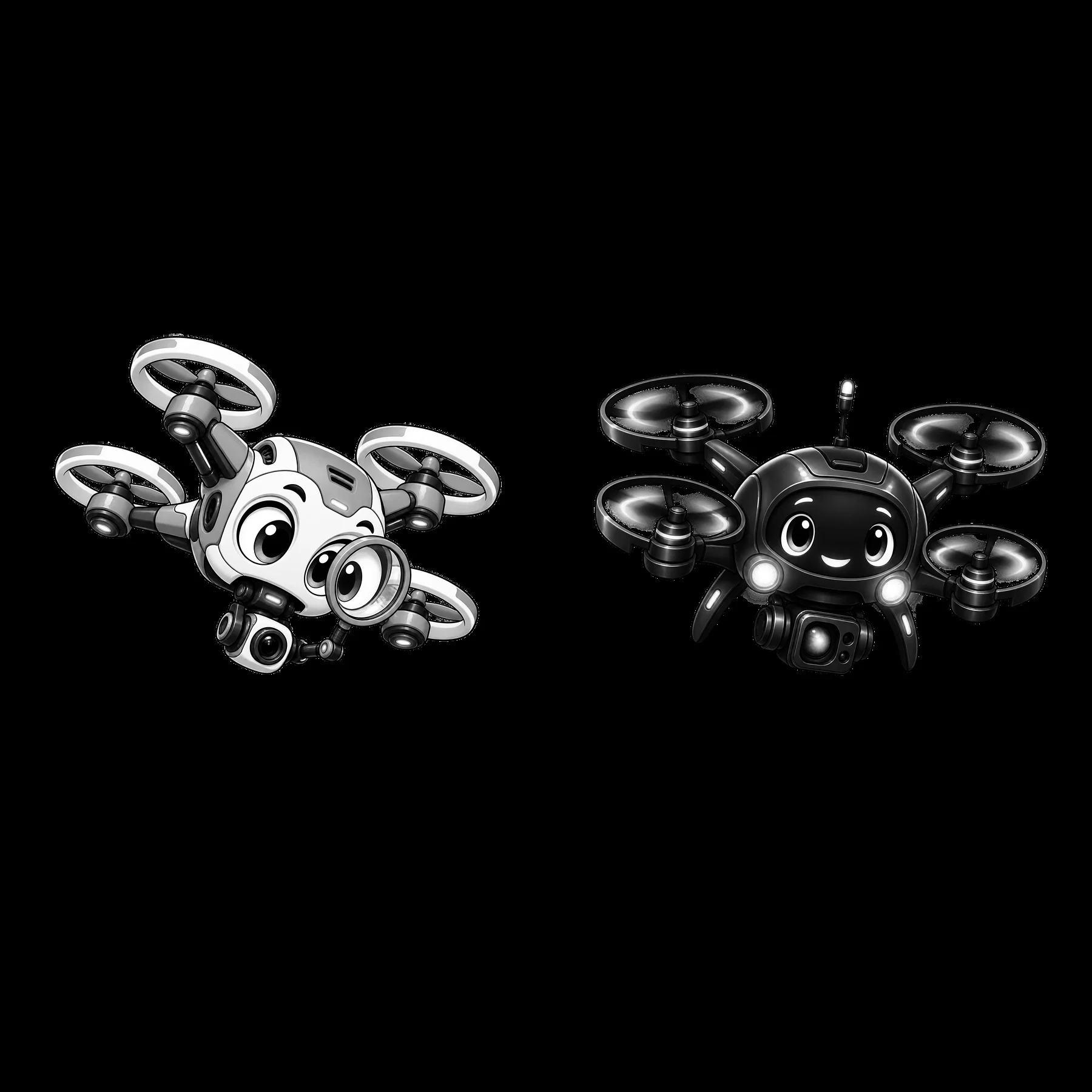 Cartoon drones with faces and cameras in black and white - AI-generated stock image