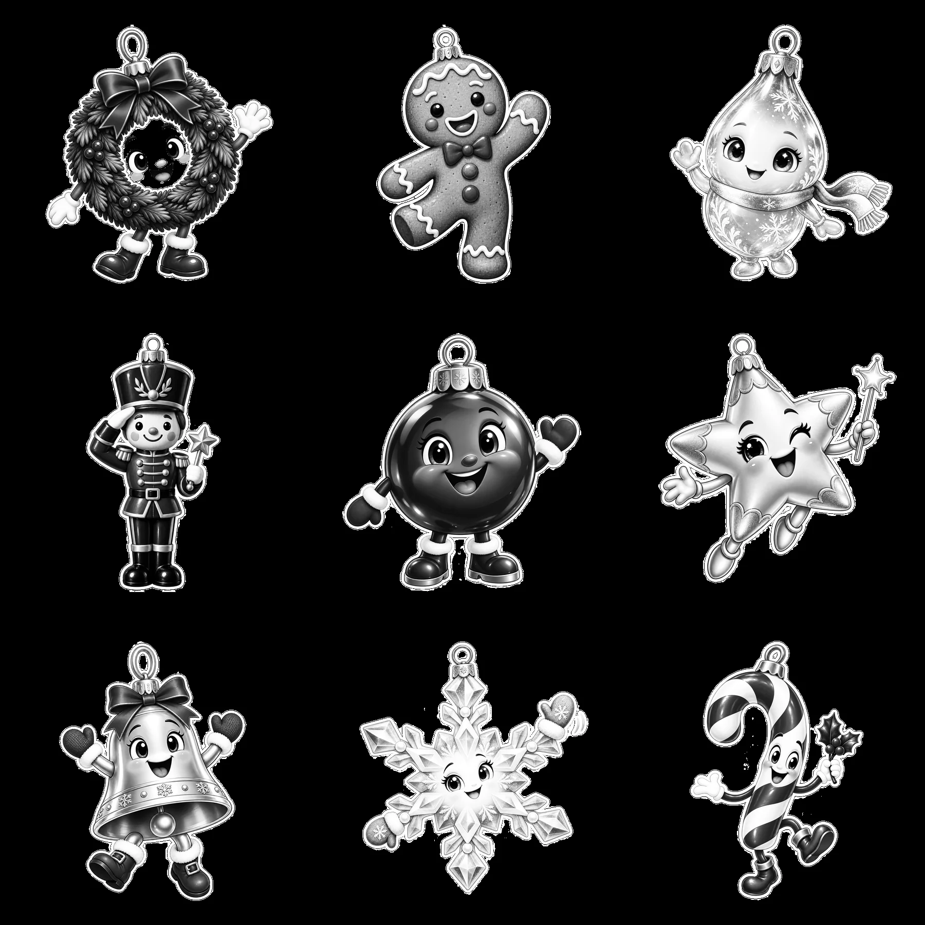 Christmas ornament stickers featuring cheerful characters in a grid - AI-generated stock image