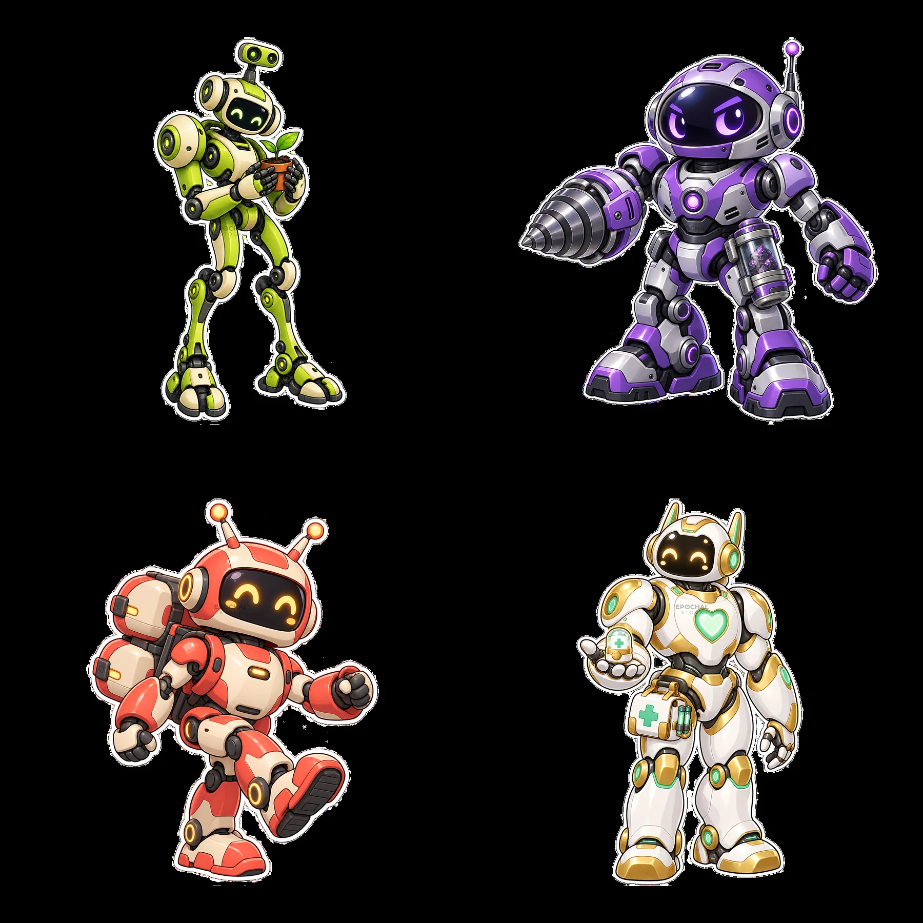 Four colorful cartoon mech robots in a 2x2 grid layout - AI-generated stock image