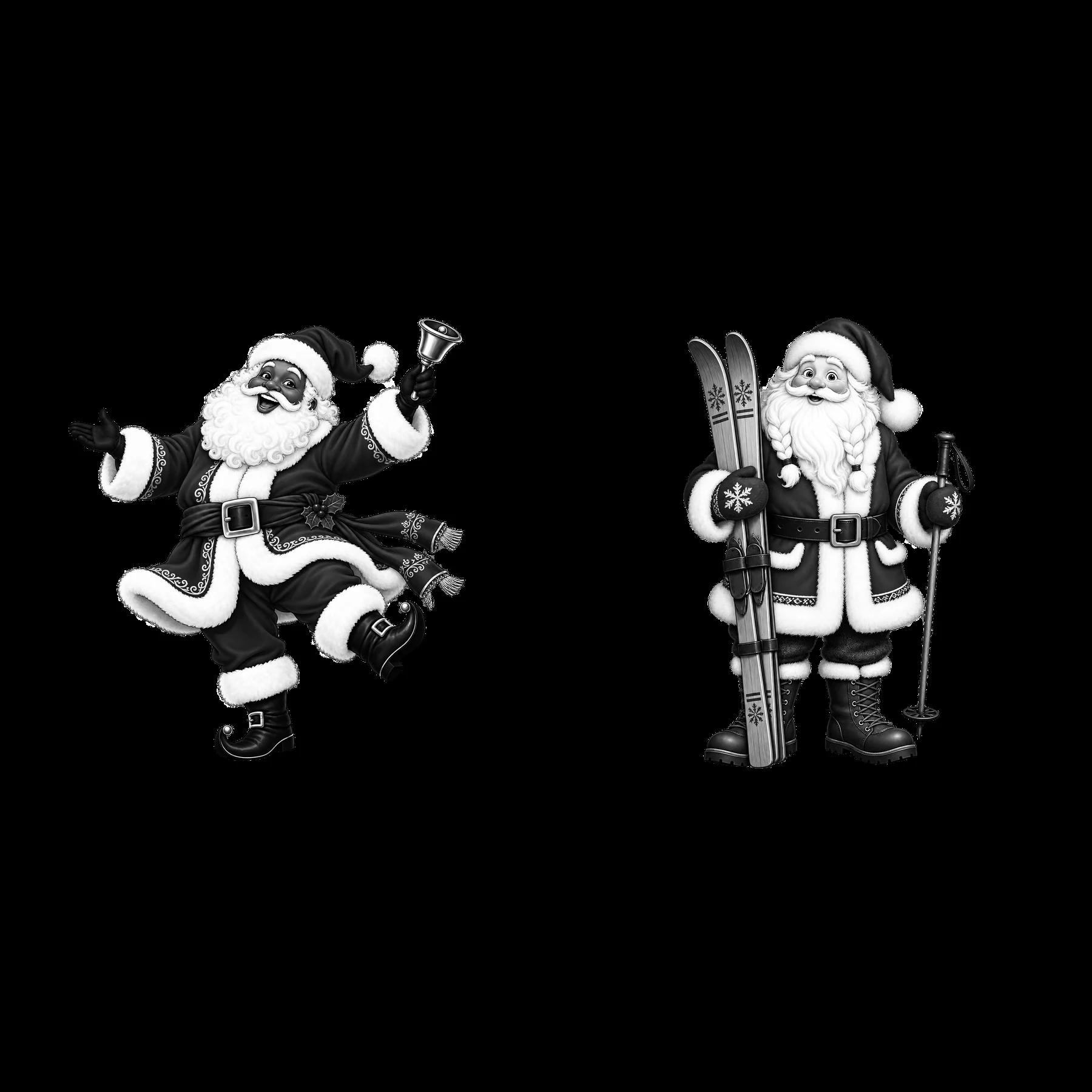 Santa Claus celebrating and skiing in black-and-white cartoon style - AI-generated stock image