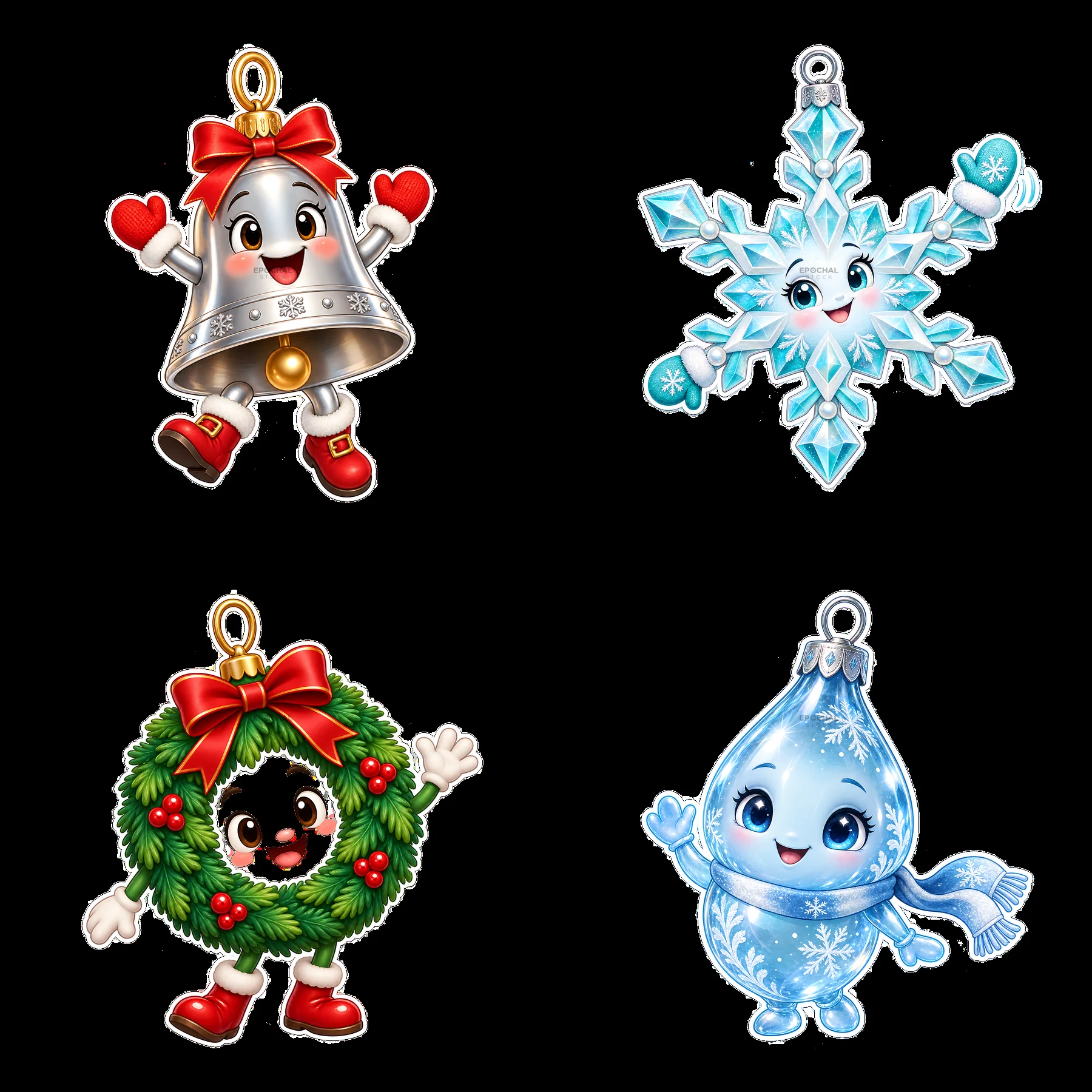Festive cartoon Christmas ornaments with cheerful characters - AI-generated stock image