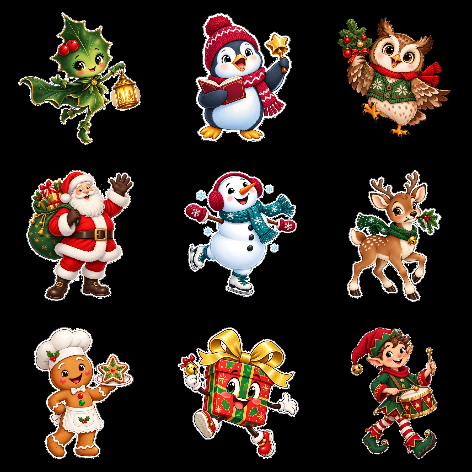 Colorful Christmas cartoon characters in a festive grid - AI-generated stock image