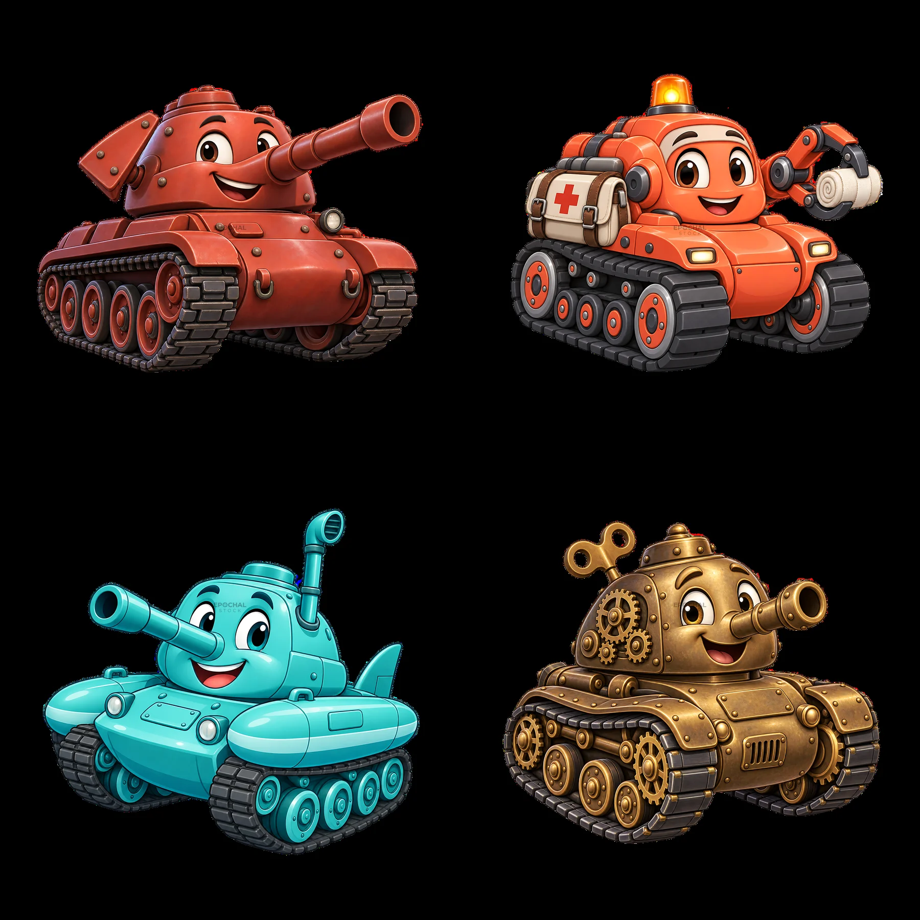Cartoon tank stickers in a 2x2 grid with various colors - AI-generated stock image
