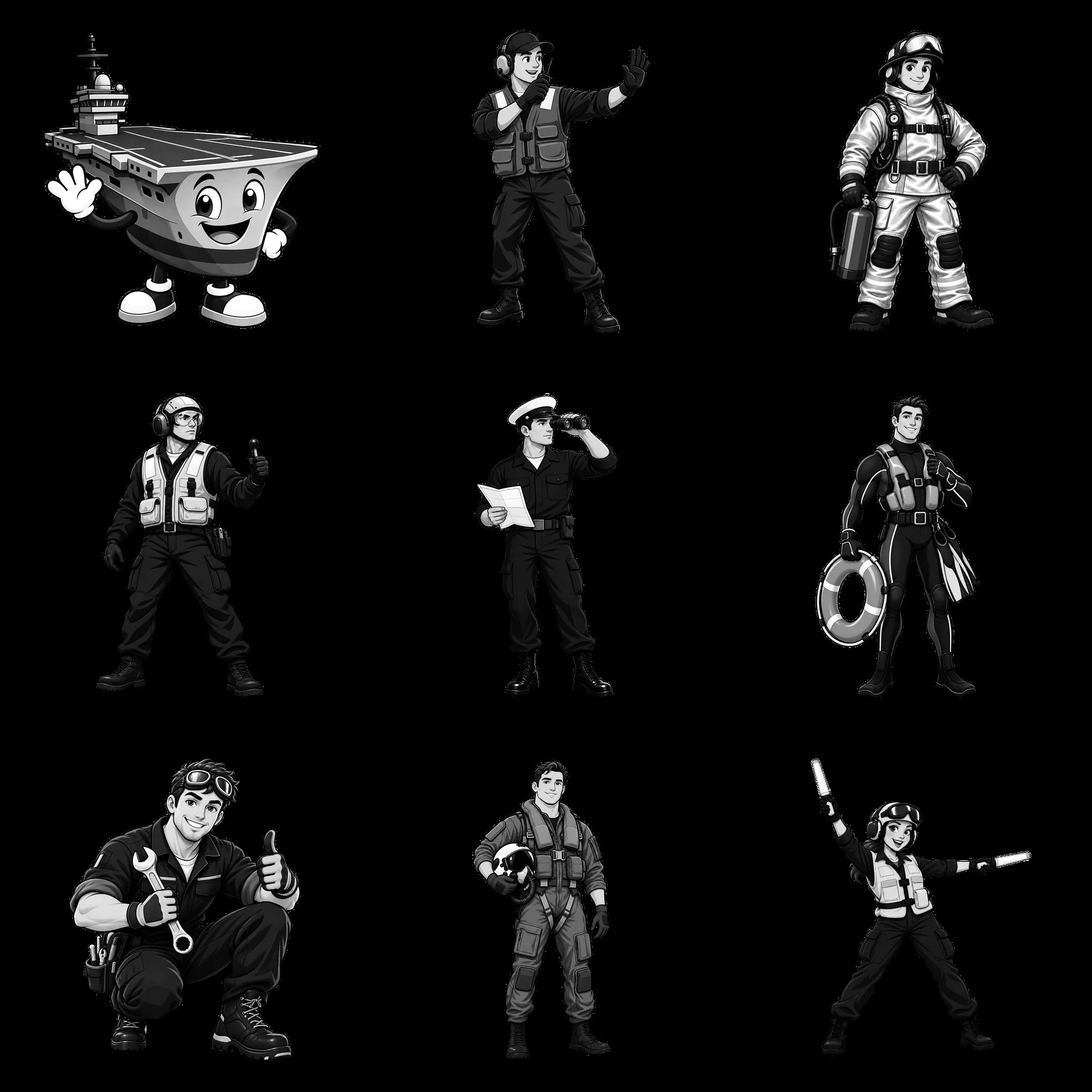 Cartoon characters on an aircraft carrier in a 3x3 grid - AI-generated stock image