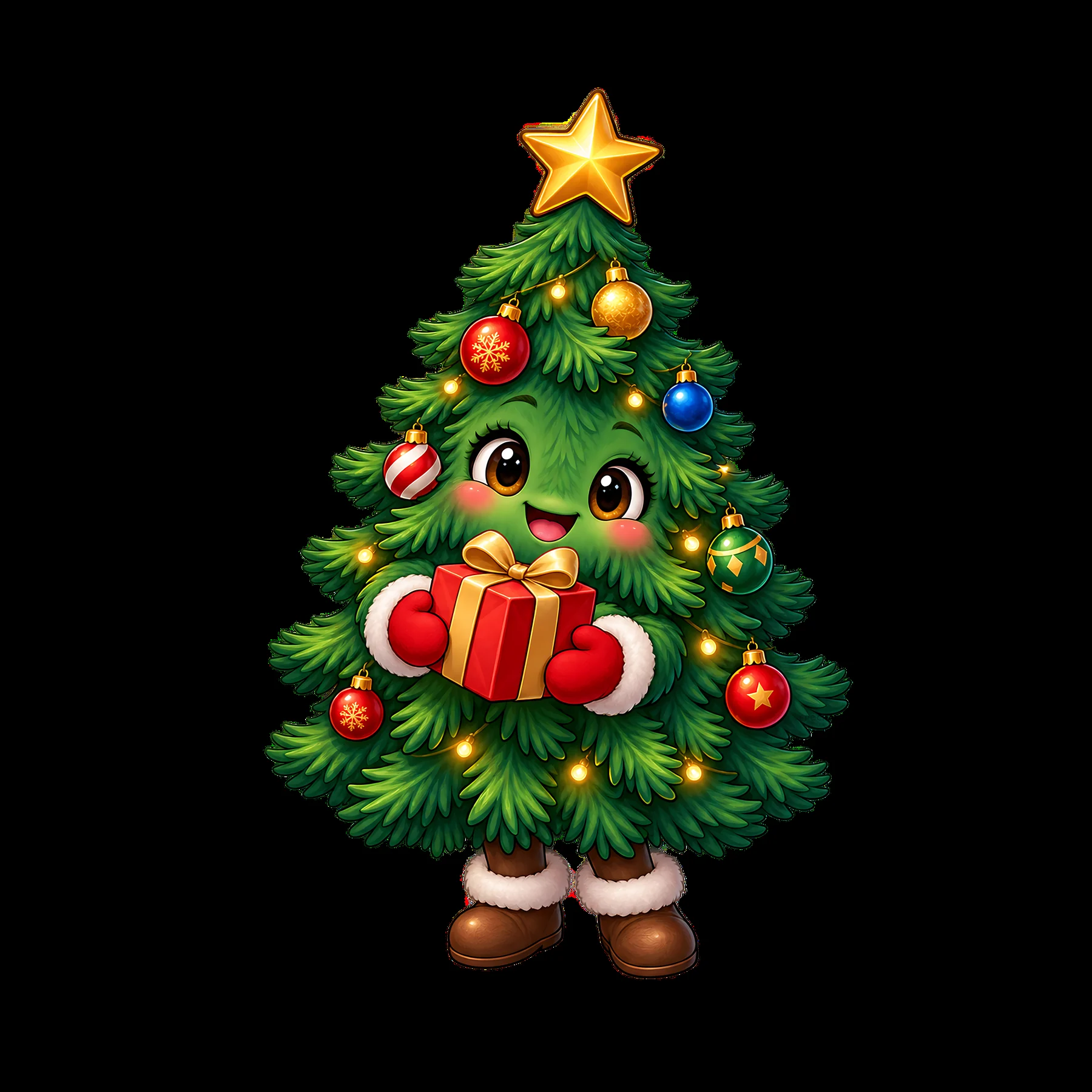 Cute cartoon Christmas tree character holding a gift box - AI-generated stock image