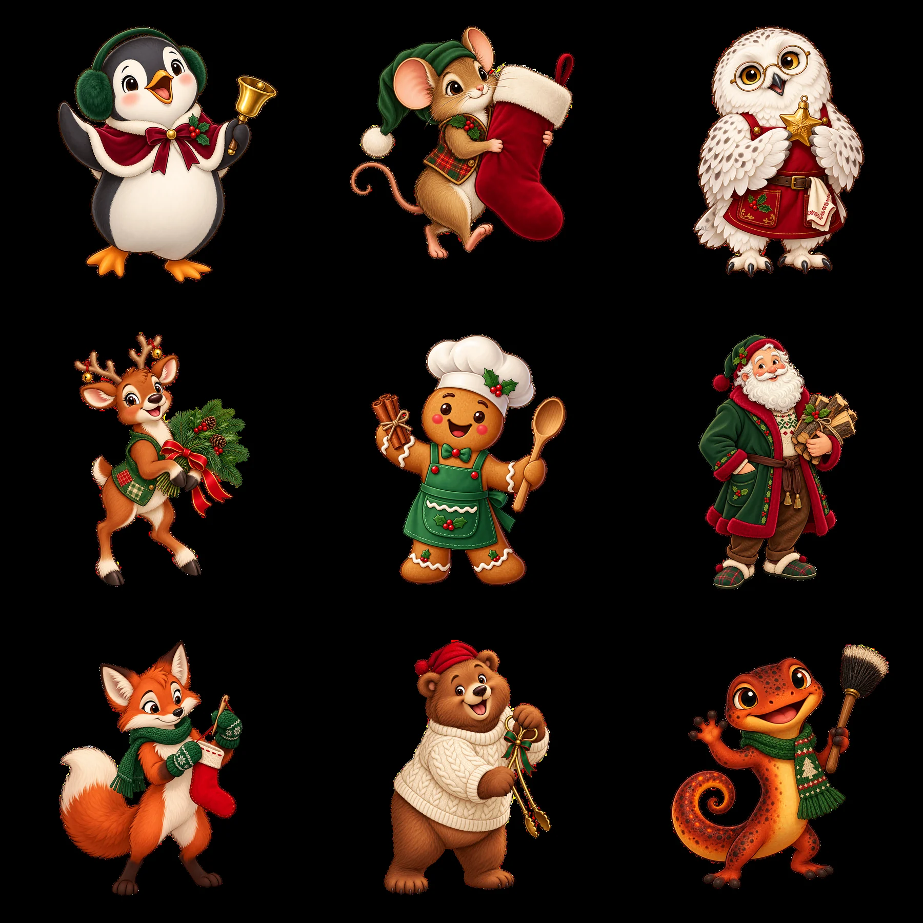Christmas characters and animals around a fireplace - AI-generated stock image
