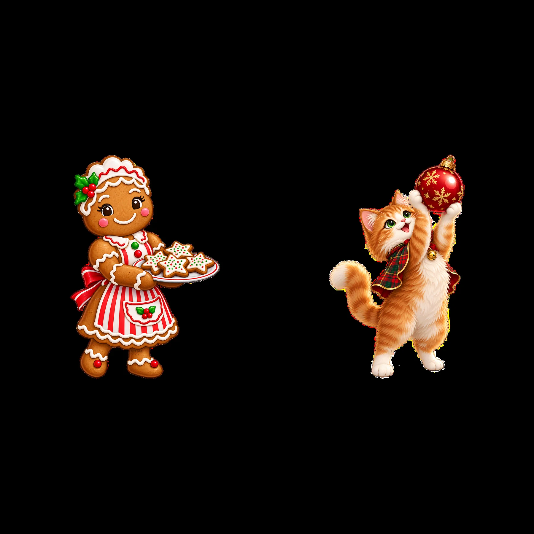Gingerbread girl with cookies and cat holding Christmas ornament
