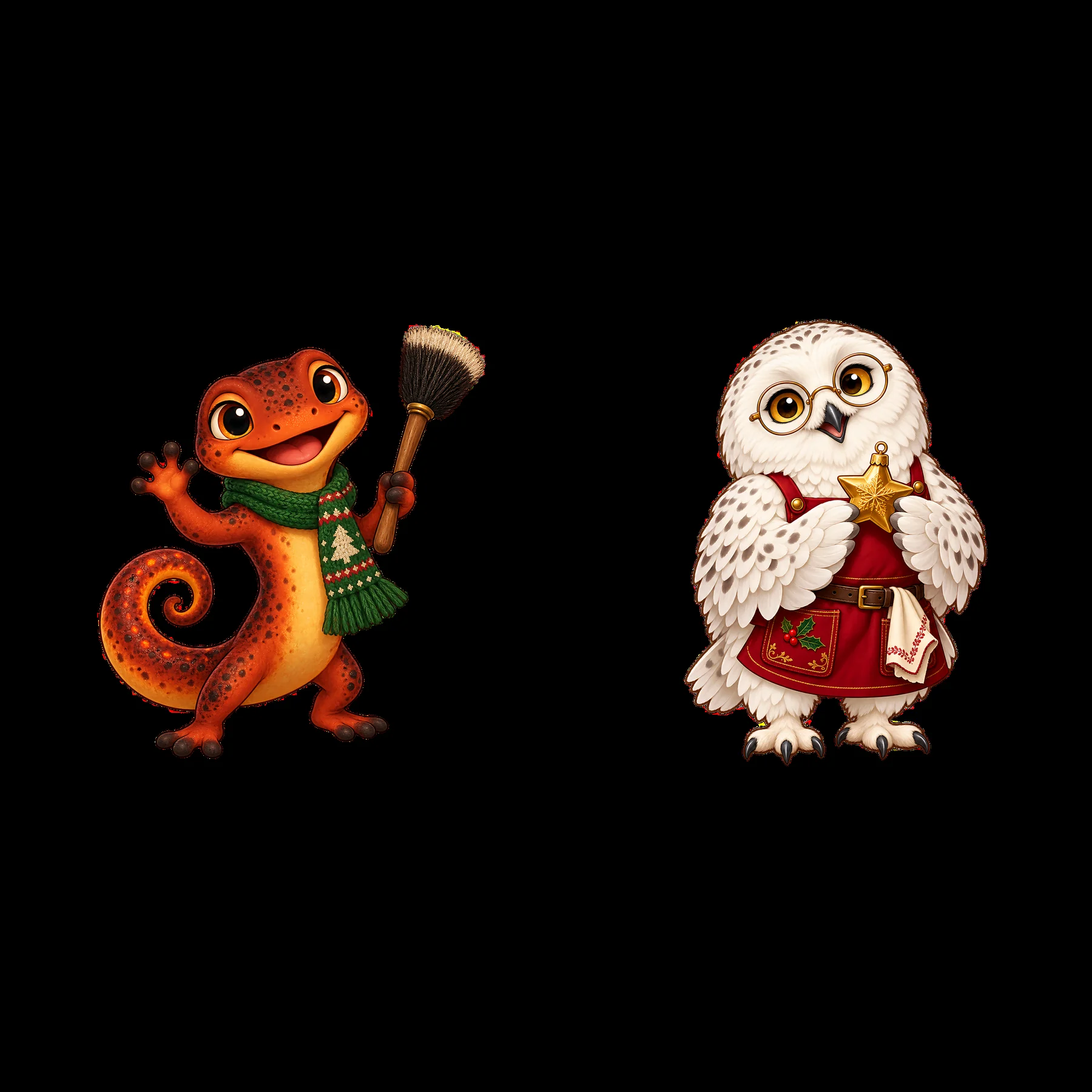 Cheerful lizard and wise owl preparing for Christmas cheer - AI-generated stock image