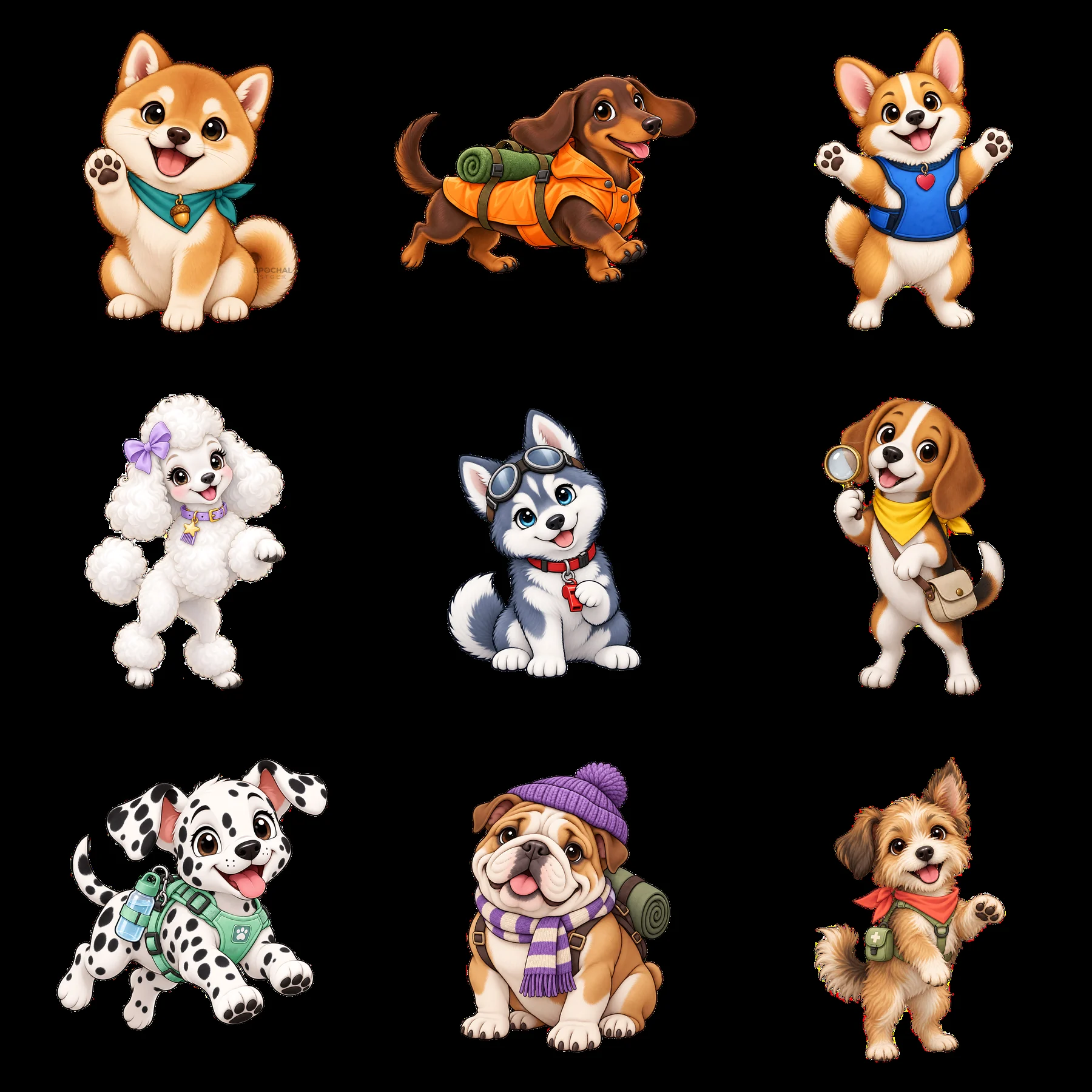 Cute K-9 dog stickers in a 3x3 layout with fun poses - AI-generated stock image