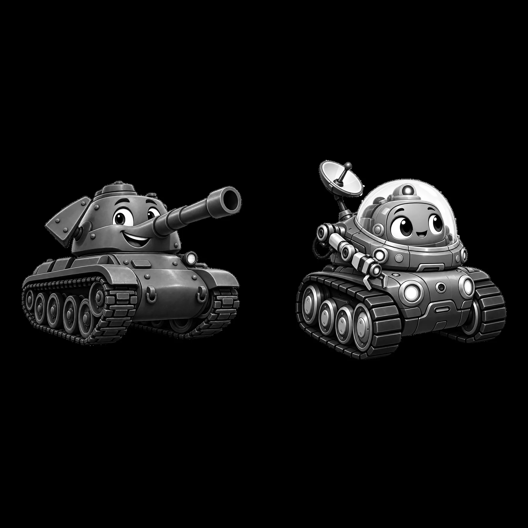 Two cartoon tanks with friendly faces in black and white - AI-generated stock image