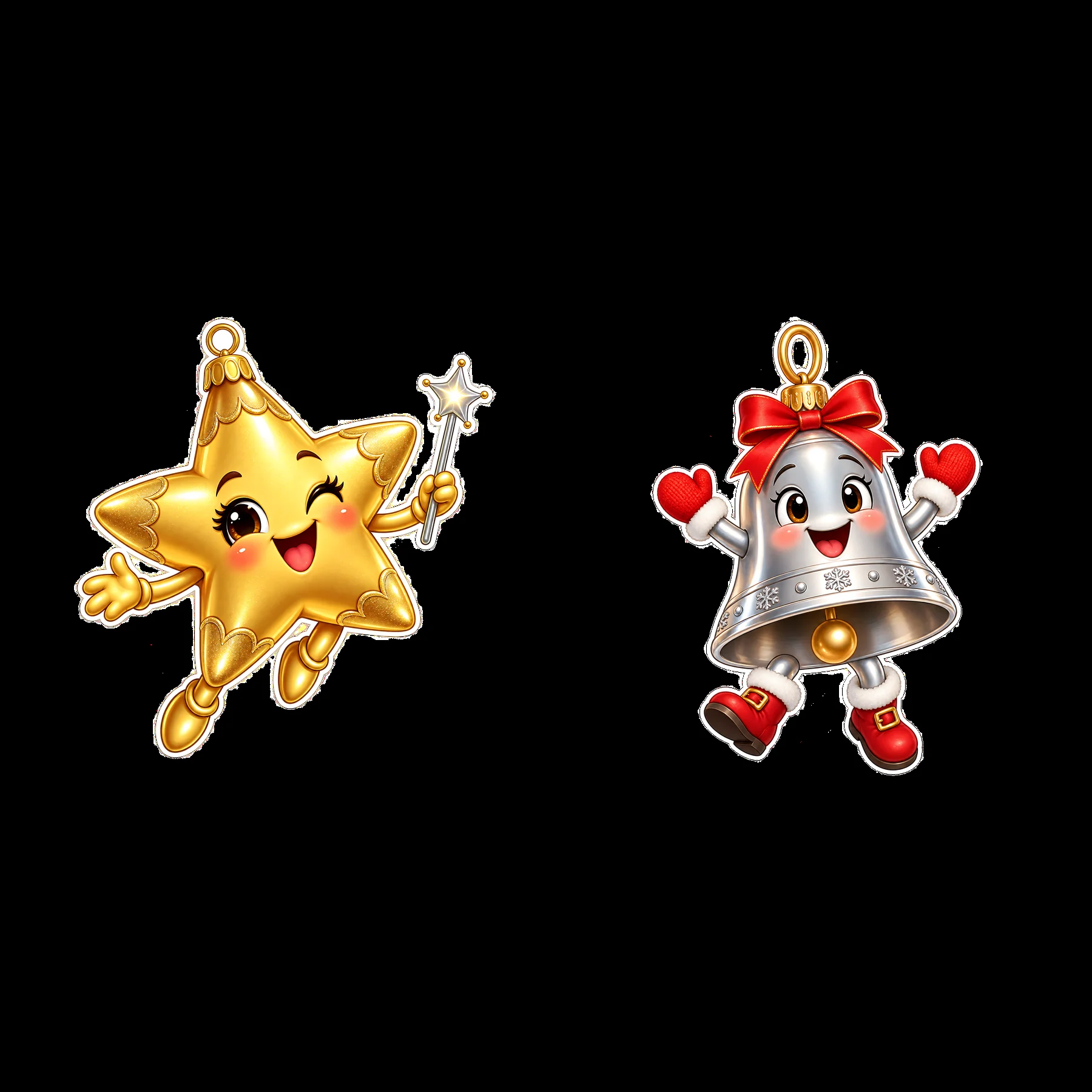 Cute star and bell cartoon ornaments with cheerful expressions - AI-generated stock image