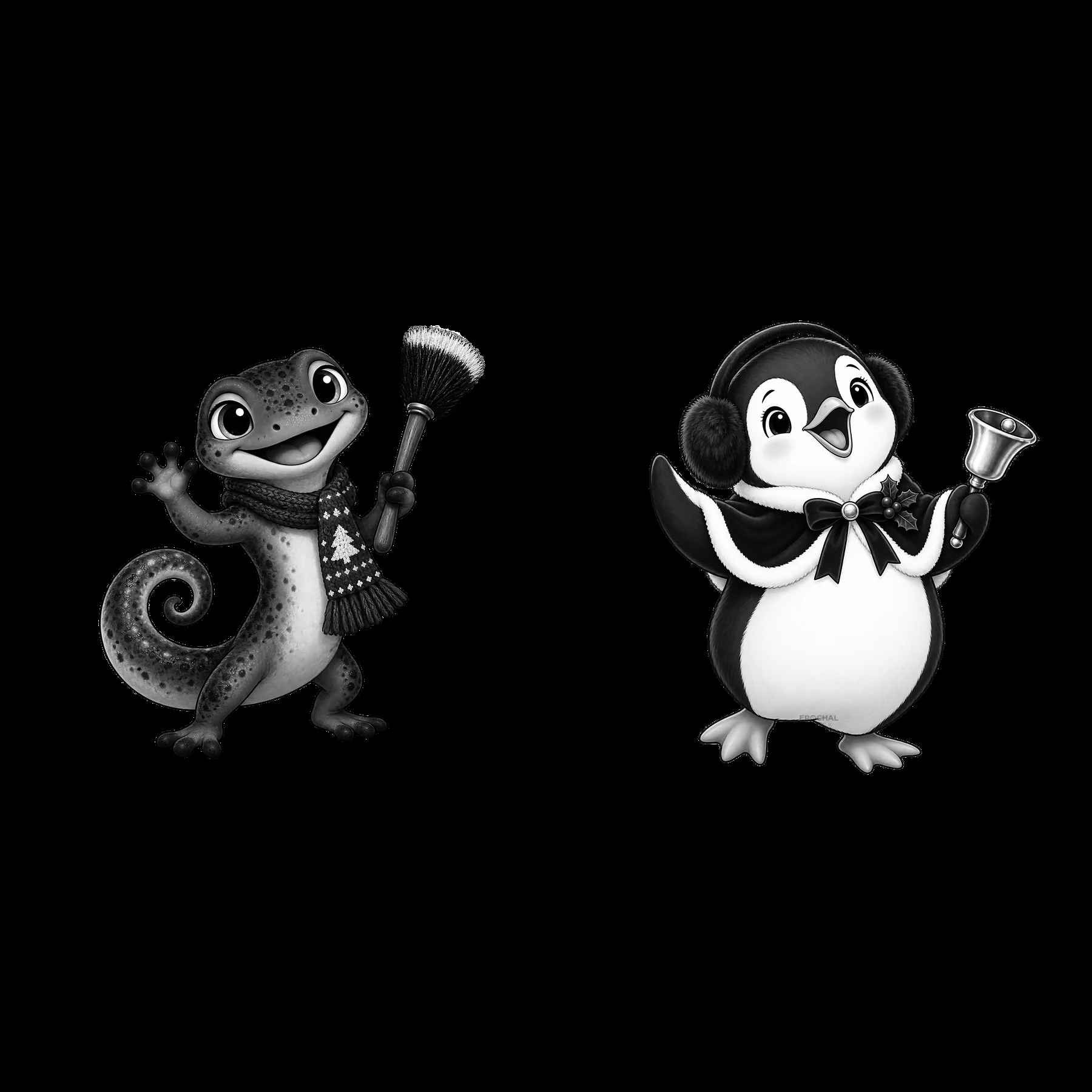 Cartoon lizard and penguin celebrating at Christmas fireplace - AI-generated stock image