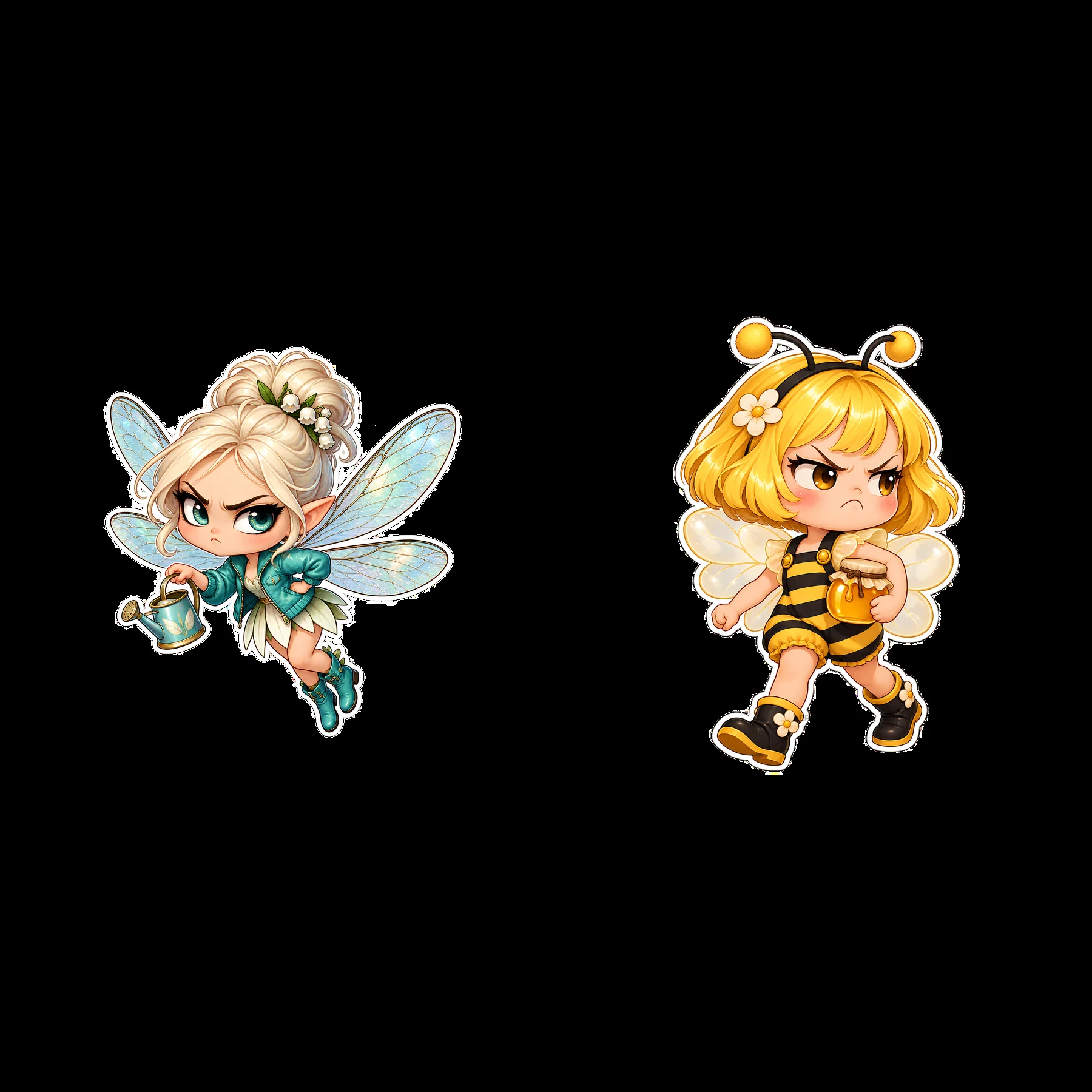 Kawaii grumpy fairy and bee character sticker pair illustration - AI-generated stock image