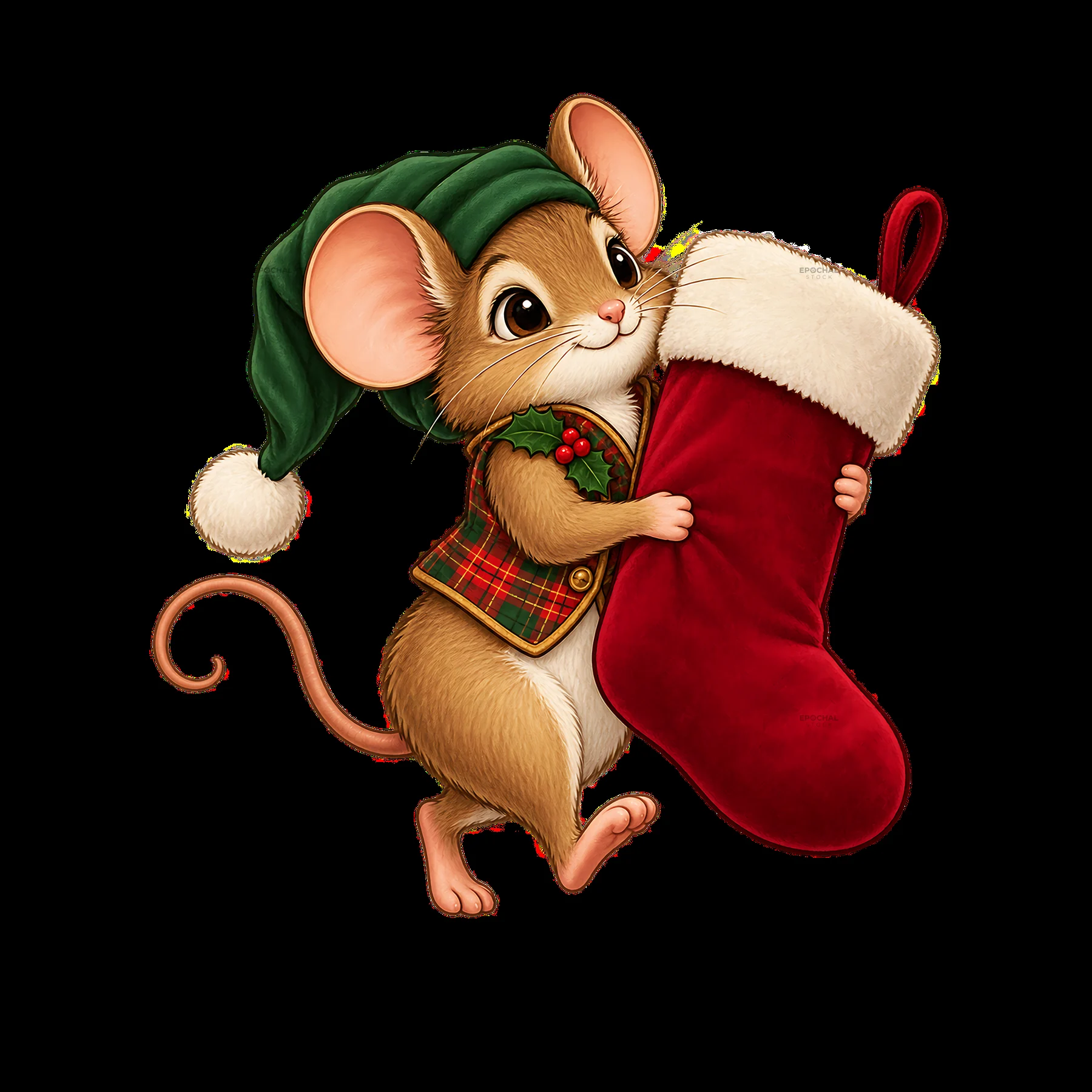Mouse carries a red Christmas stocking near a fireplace - AI-generated stock image