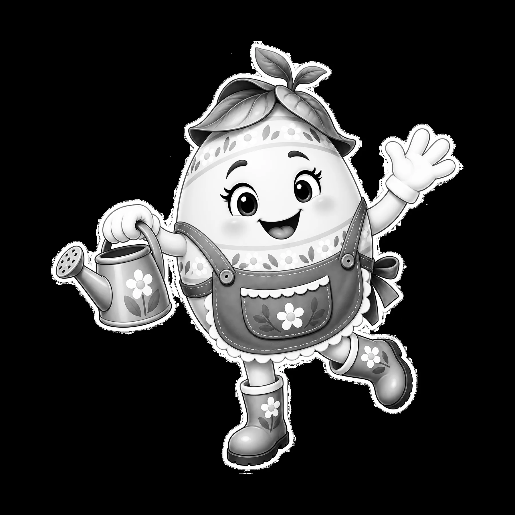 Happy cartoon egg character holding a watering can and waving - AI-generated stock image